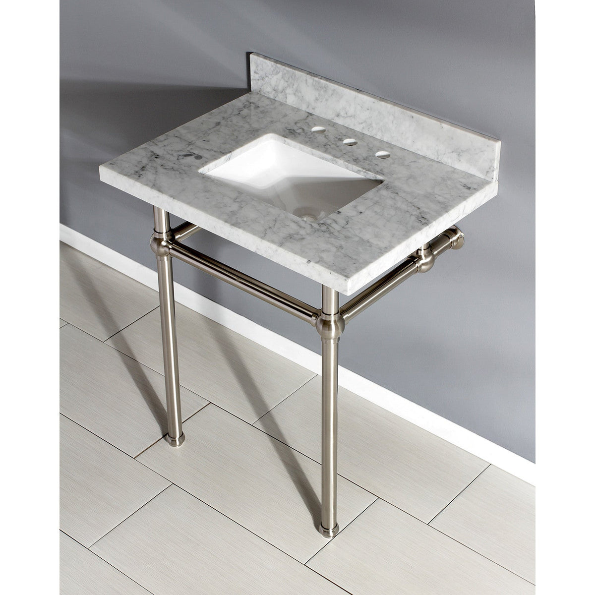 Templeton 30" Carrara Marble Vanity Top with Brass Legs (8-Inch, 3-Hole) in Carrara Marble White/Brushed Nickel