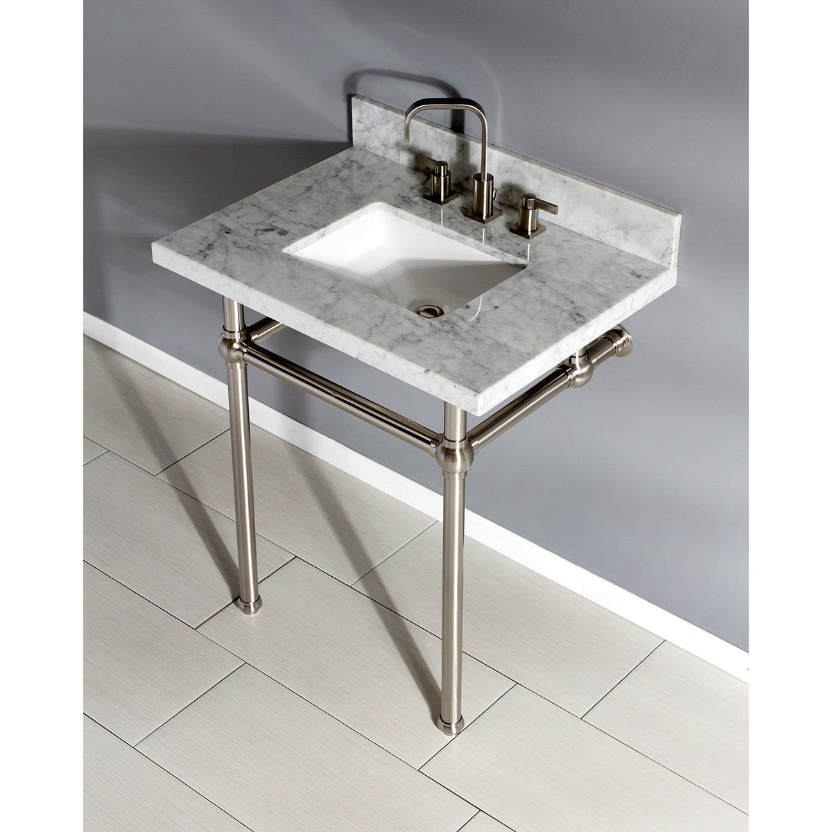 Templeton 30" Carrara Marble Vanity Top with Brass Legs (8-Inch, 3-Hole) in Carrara Marble White/Brushed Nickel