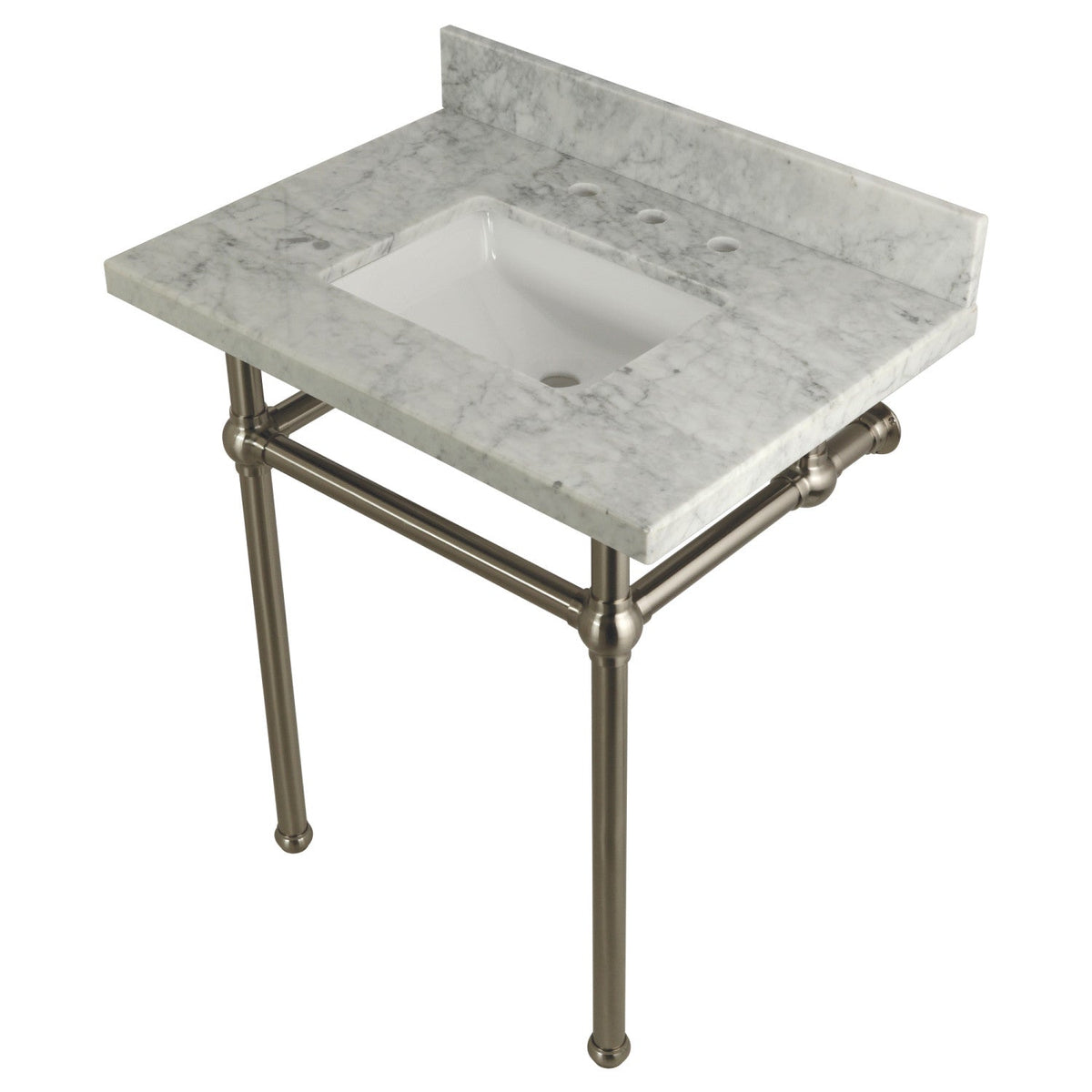 Templeton 30" Carrara Marble Vanity Top with Brass Legs (8-Inch, 3-Hole) in Carrara Marble White/Brushed Nickel