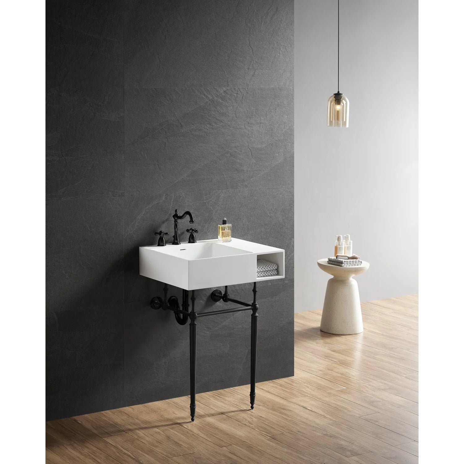 Matte white console sink with rectangular shelf top, black legs, and wall-mounted faucet
