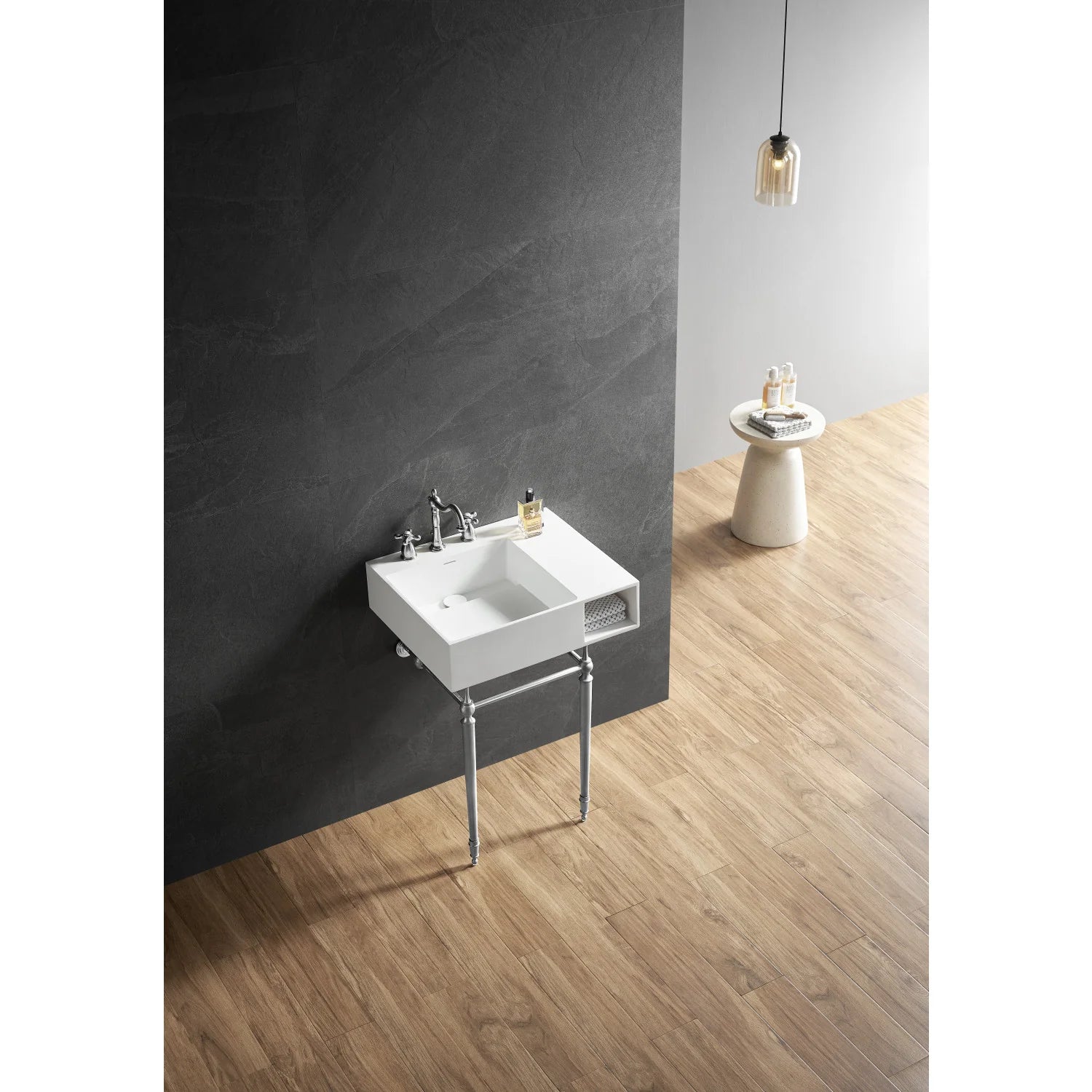 Matte white rectangular console sink with 3-hole deck and polished chrome legs