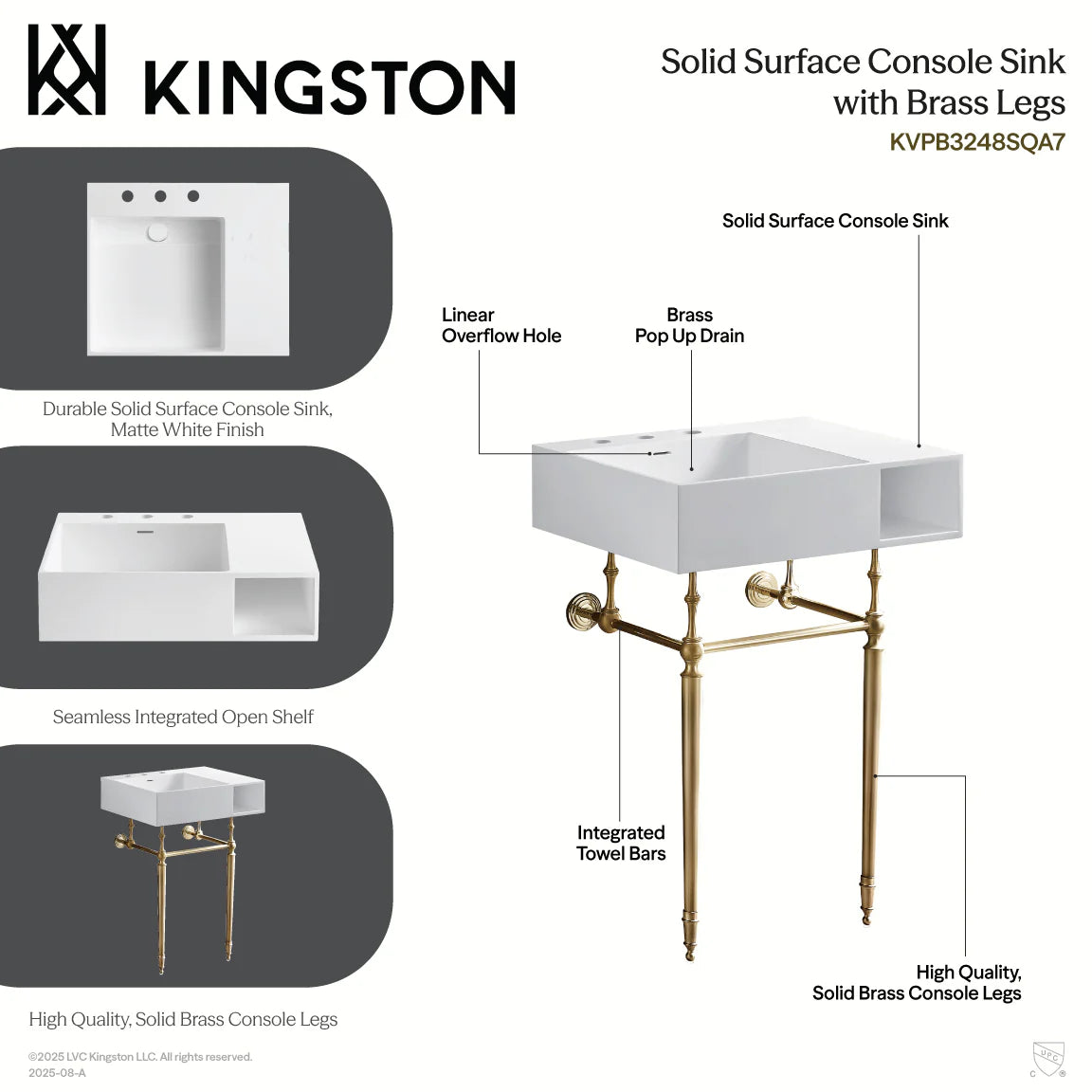 Matte white solid-surface console sink with brass legs and open integrated shelf