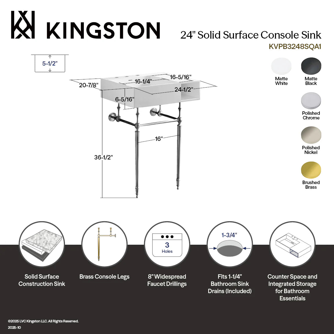 24 in solid-surface console sink with brass legs, 3-hole top and open shelf