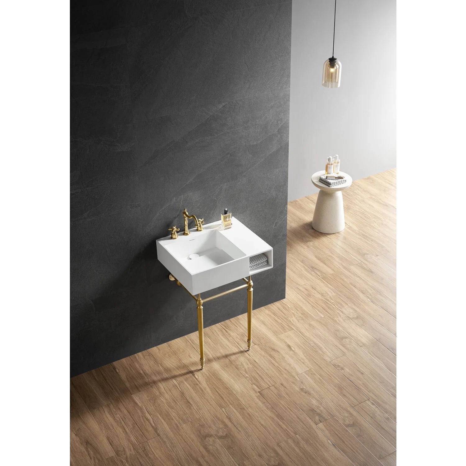 Matte white console sink with brass legs and square basin with 3-hole top