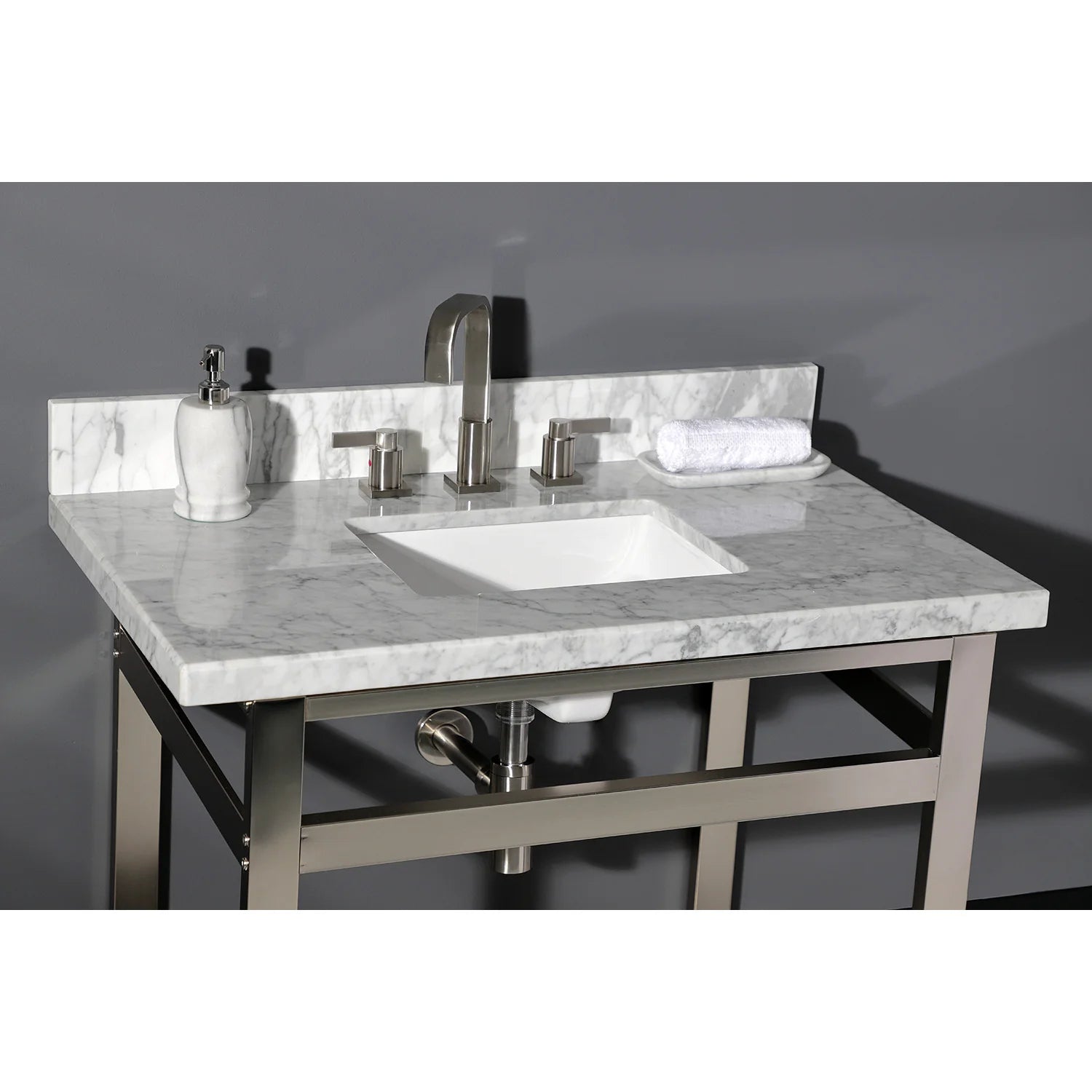 Carrara marble vanity with rectangular sink and countertop faucet holes