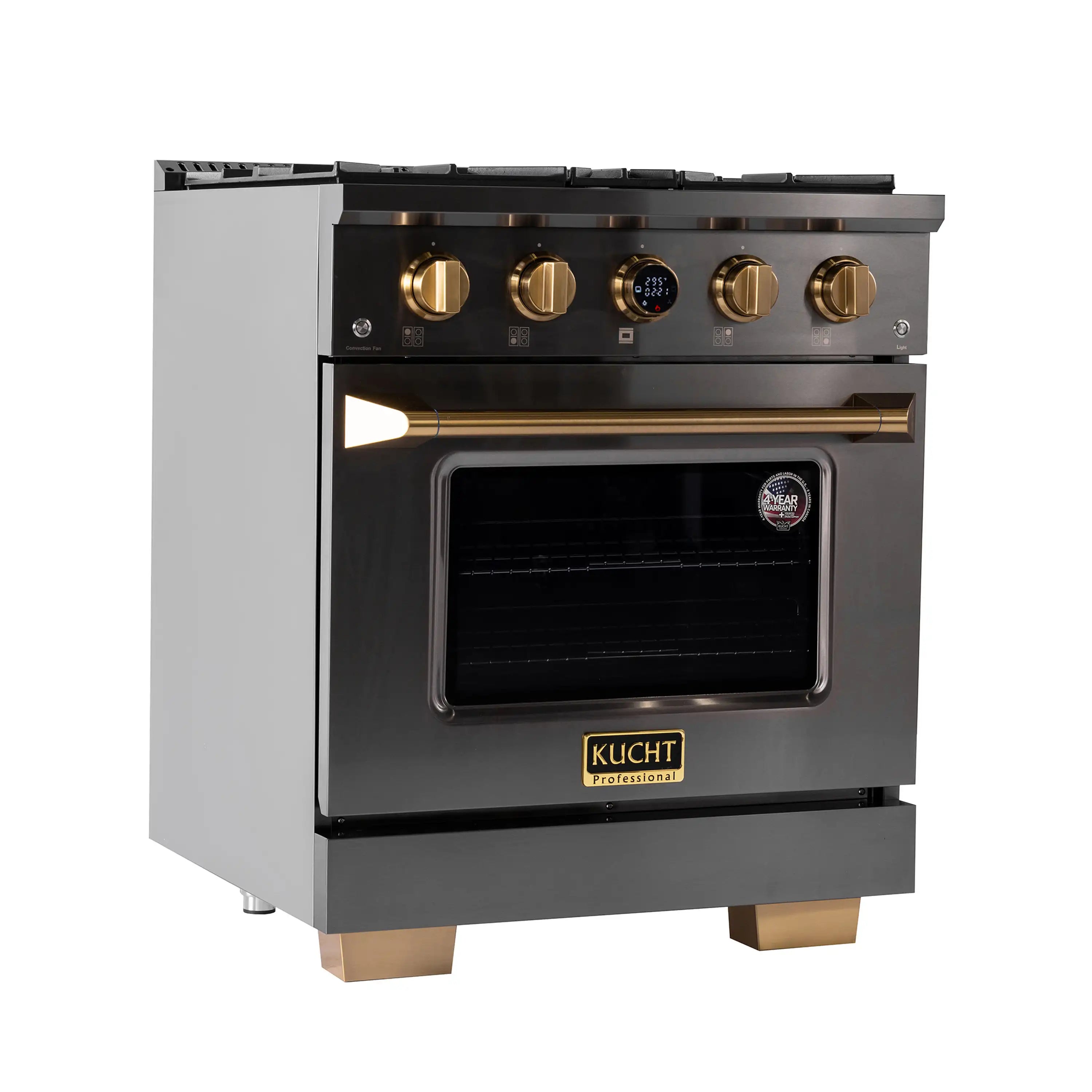 Dark titanium stainless dual fuel range with front control knobs and closed oven door