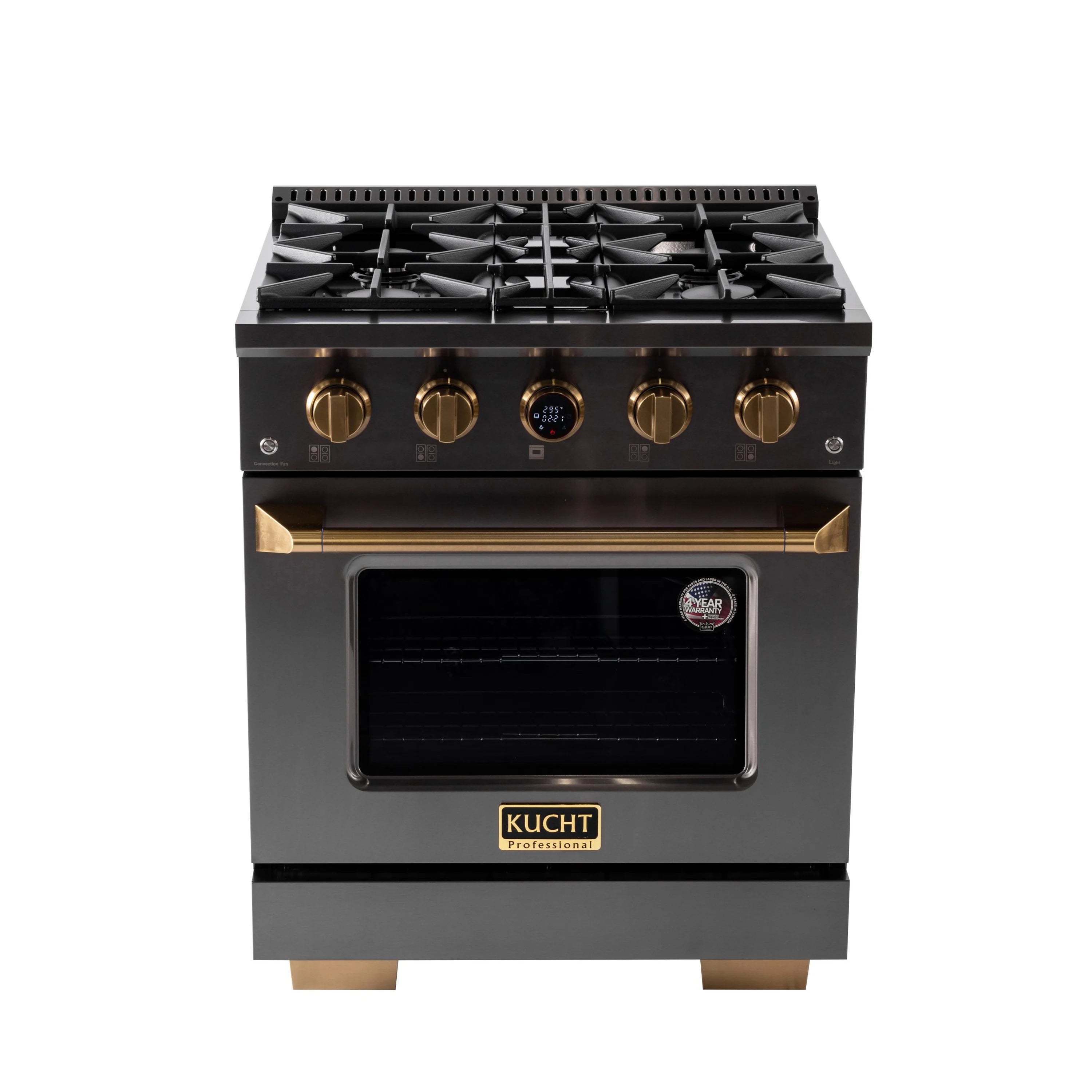 Dual fuel range with four gas burners, black grates, and closed oven door