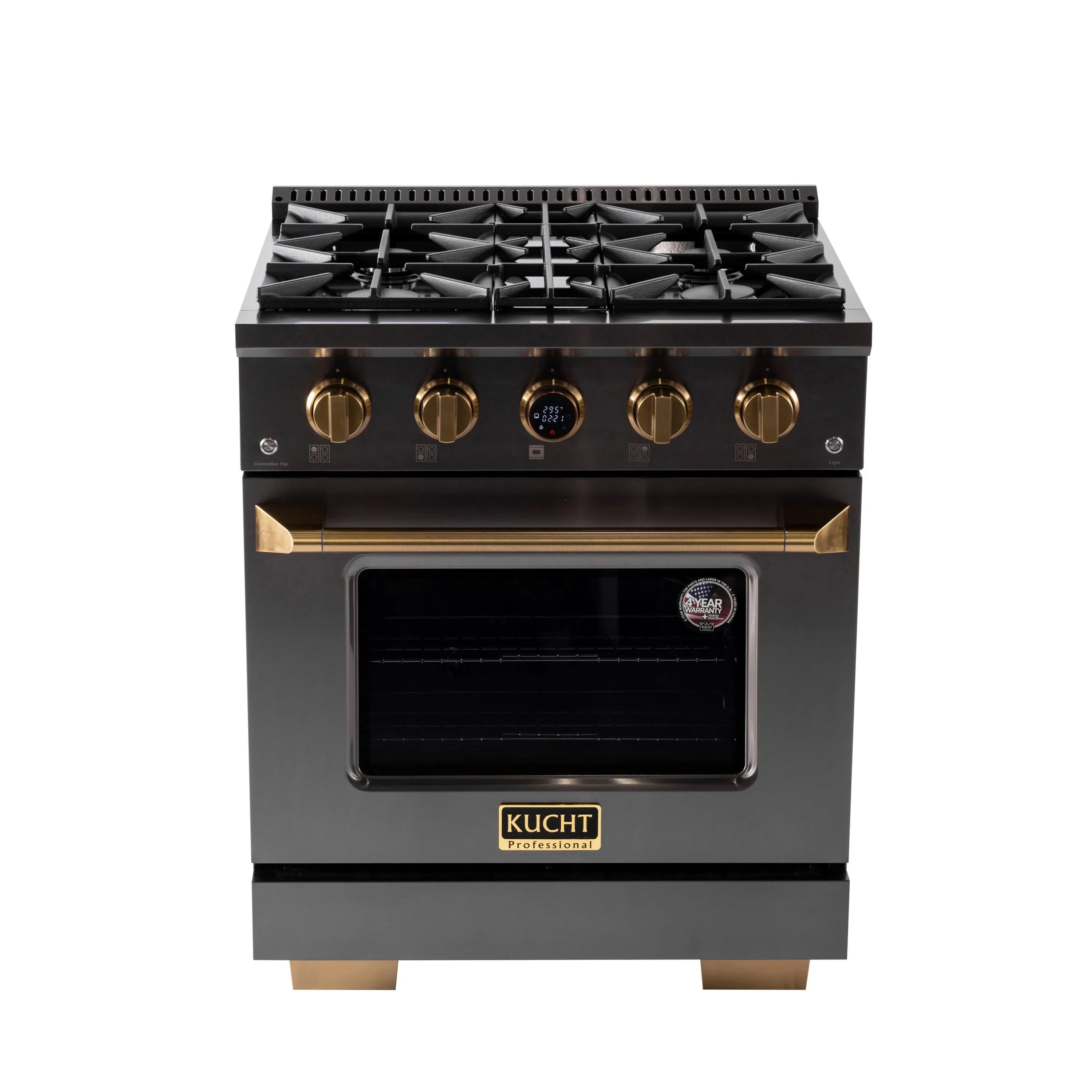 Dark titanium dual fuel range with four gas burners, round knobs, and glass oven door