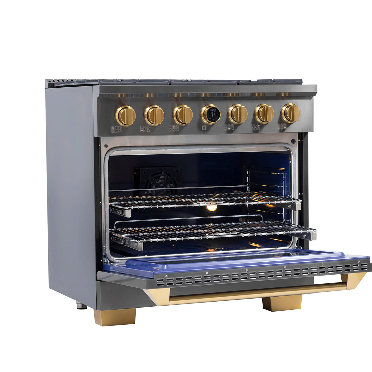 Dark titanium propane gas range oven open with lit interior and wire oven racks