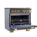 Kucht 2-Piece Appliance Package - 36-Inch Natural Gas Range with 5.2 Cu. Ft. Oven & Wall Mount Range Hood in Dark Titanium Stainless Steel with Gold Accents
