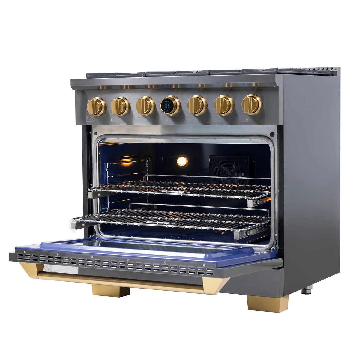 Dark titanium gas range with open oven door, lit interior, and wire racks