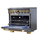 Kucht 2-Piece Appliance Package - 36-Inch Propane Gas Range with 5.2 Cu. Ft. Oven & Wall Mount Range Hood in Dark Titanium Stainless Steel with Gold Accents