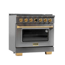 Kucht 2-Piece Appliance Package - 36-Inch Propane Gas Range with 5.2 Cu. Ft. Oven & Wall Mount Range Hood in Dark Titanium Stainless Steel with Gold Accents