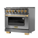 Kucht 2-Piece Appliance Package - 36-Inch Propane Gas Range with 5.2 Cu. Ft. Oven & Wall Mount Range Hood in Dark Titanium Stainless Steel with Gold Accents