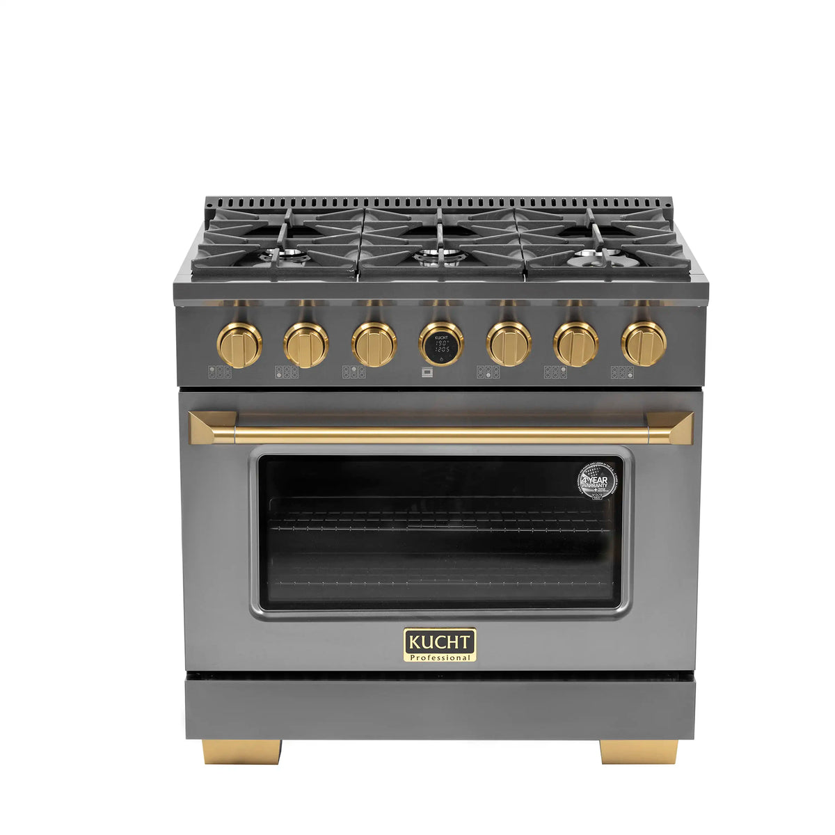 Dark titanium propane gas range with four-burner cooktop and gold knobs, oven door window