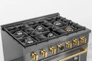 Kucht 2-Piece Appliance Package - 36-Inch Propane Gas Range with 5.2 Cu. Ft. Oven & Wall Mount Range Hood in Dark Titanium Stainless Steel with Gold Accents