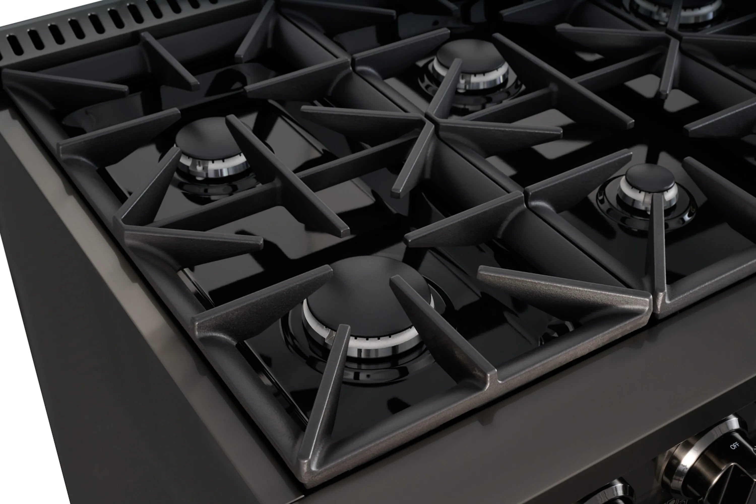 Freestanding gas range cooktop with black grates and control knobs