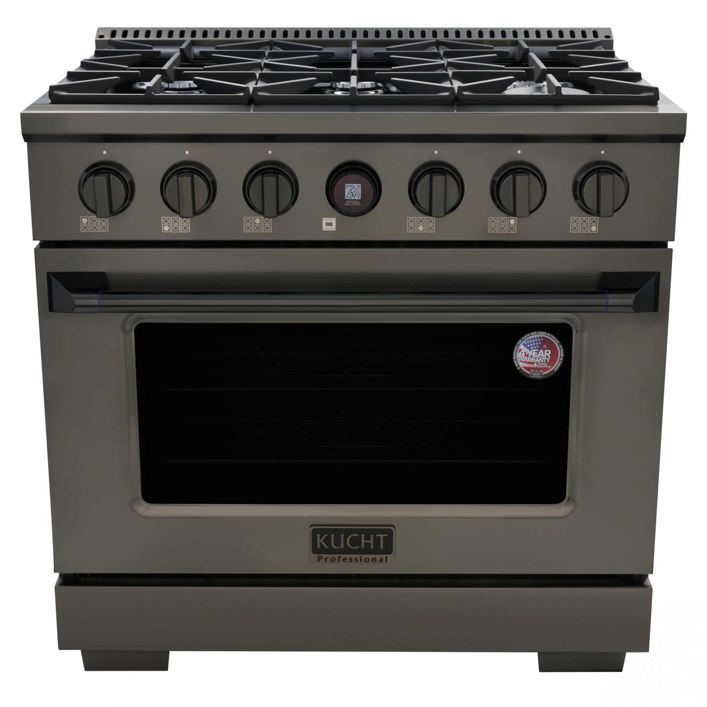 Freestanding dual-fuel range with black cooktop grates, knobs, and closed oven window