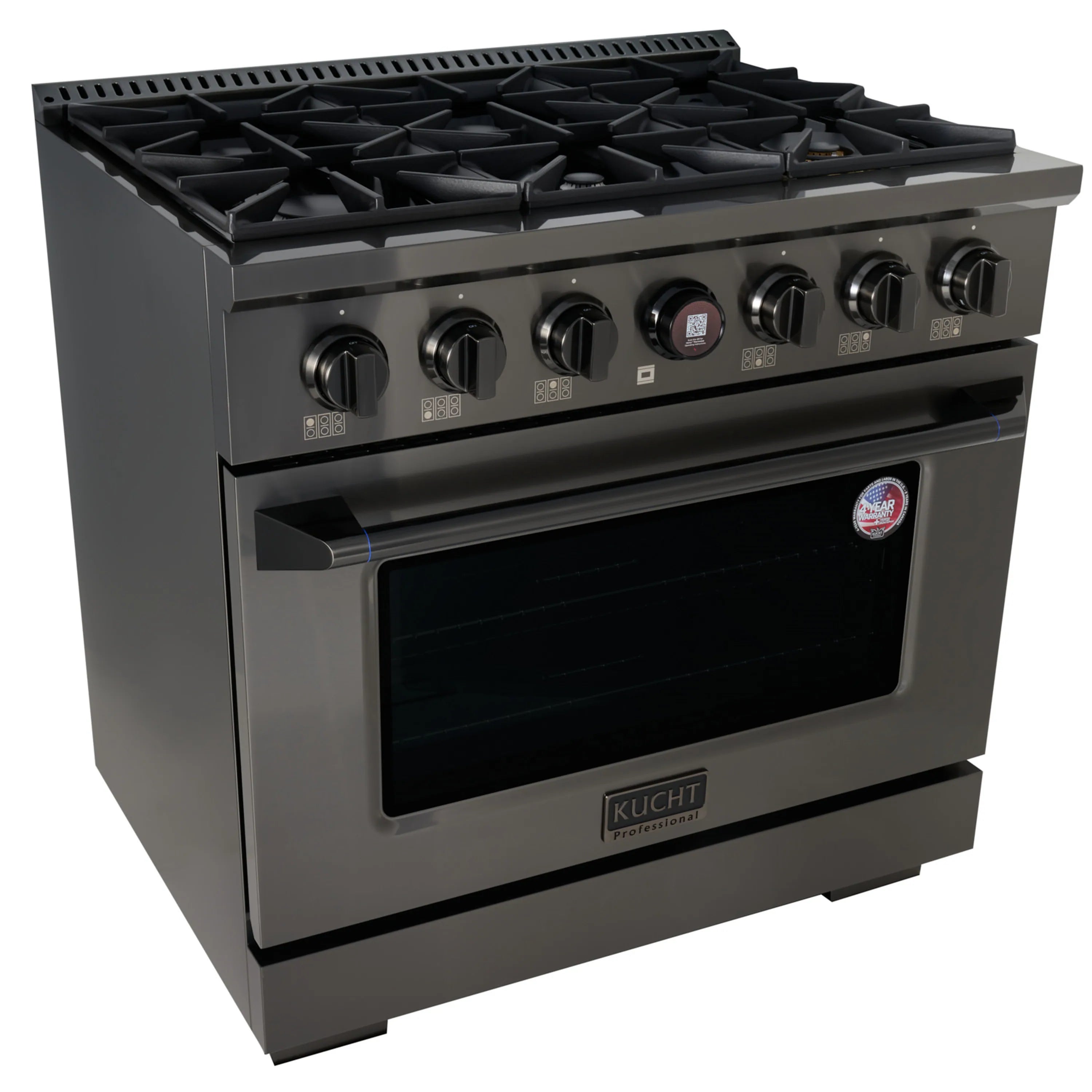 Freestanding dual-fuel range with burner grates, control knobs, and oven window