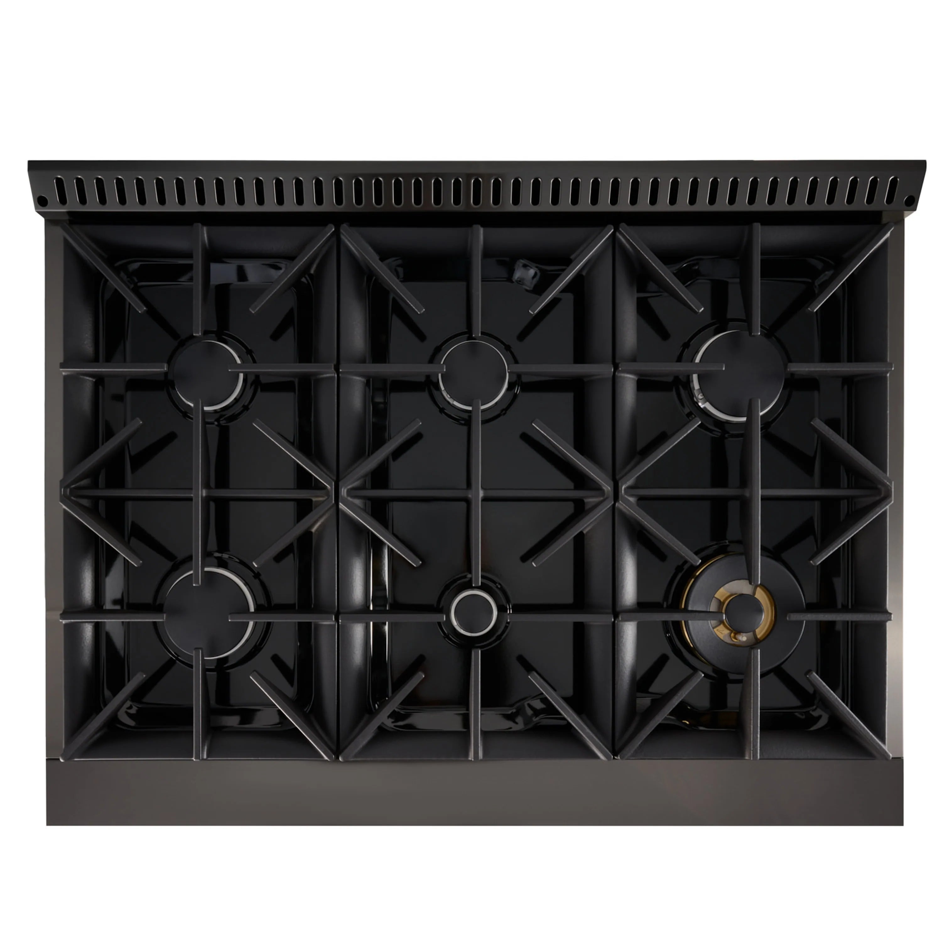 Six-burner cooktop with black grates on a dual-fuel range