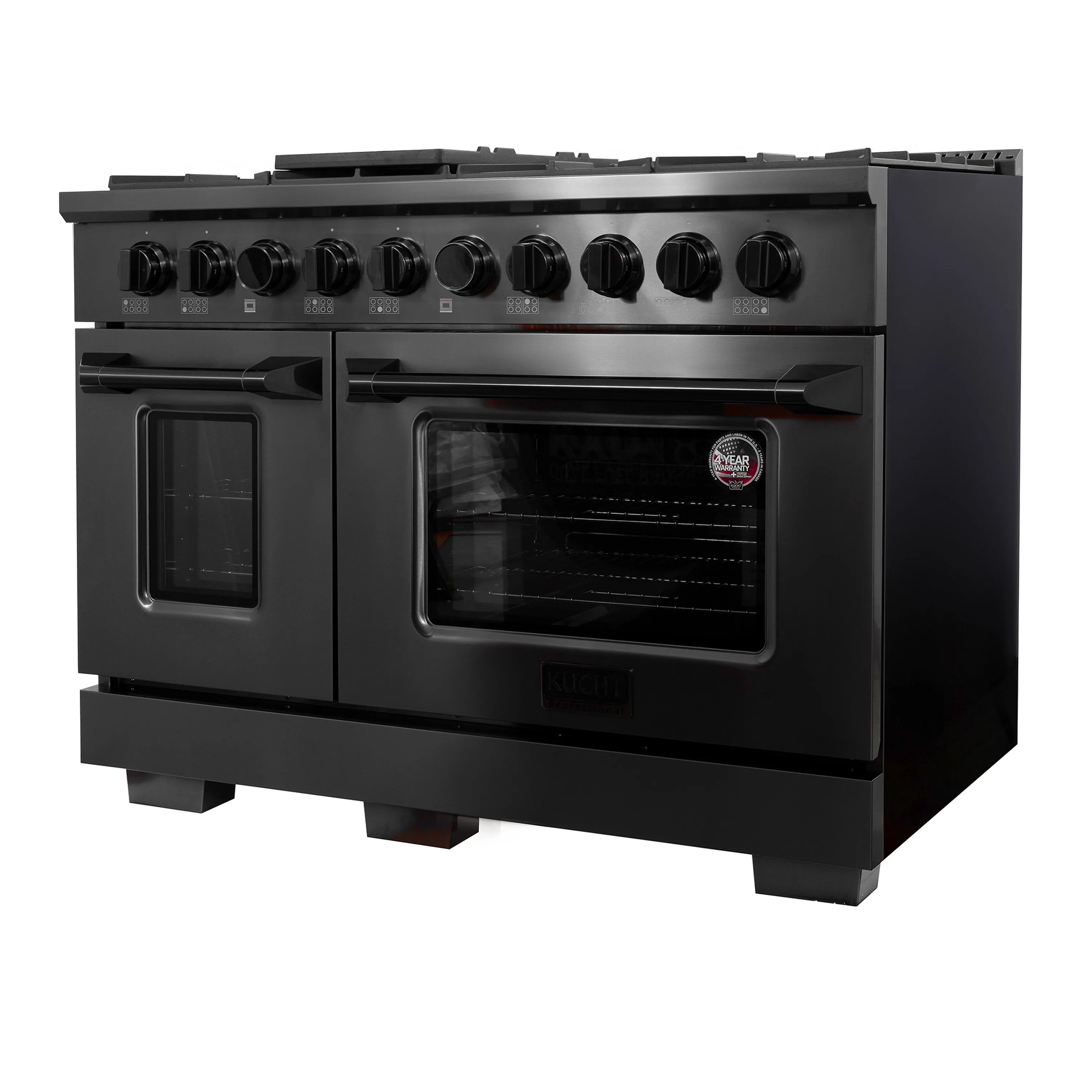 Freestanding dual-fuel range with closed oven door and 8-burner cooktop, control knobs