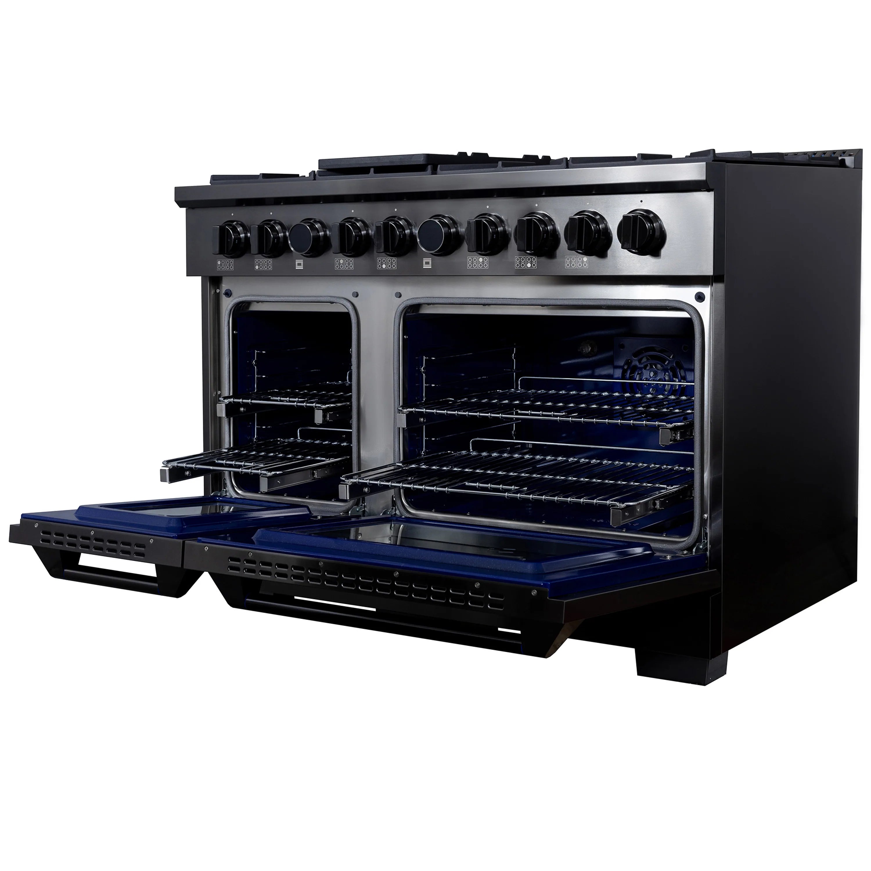 Freestanding dual-fuel range with open ovens showing wire racks and oven cavity details