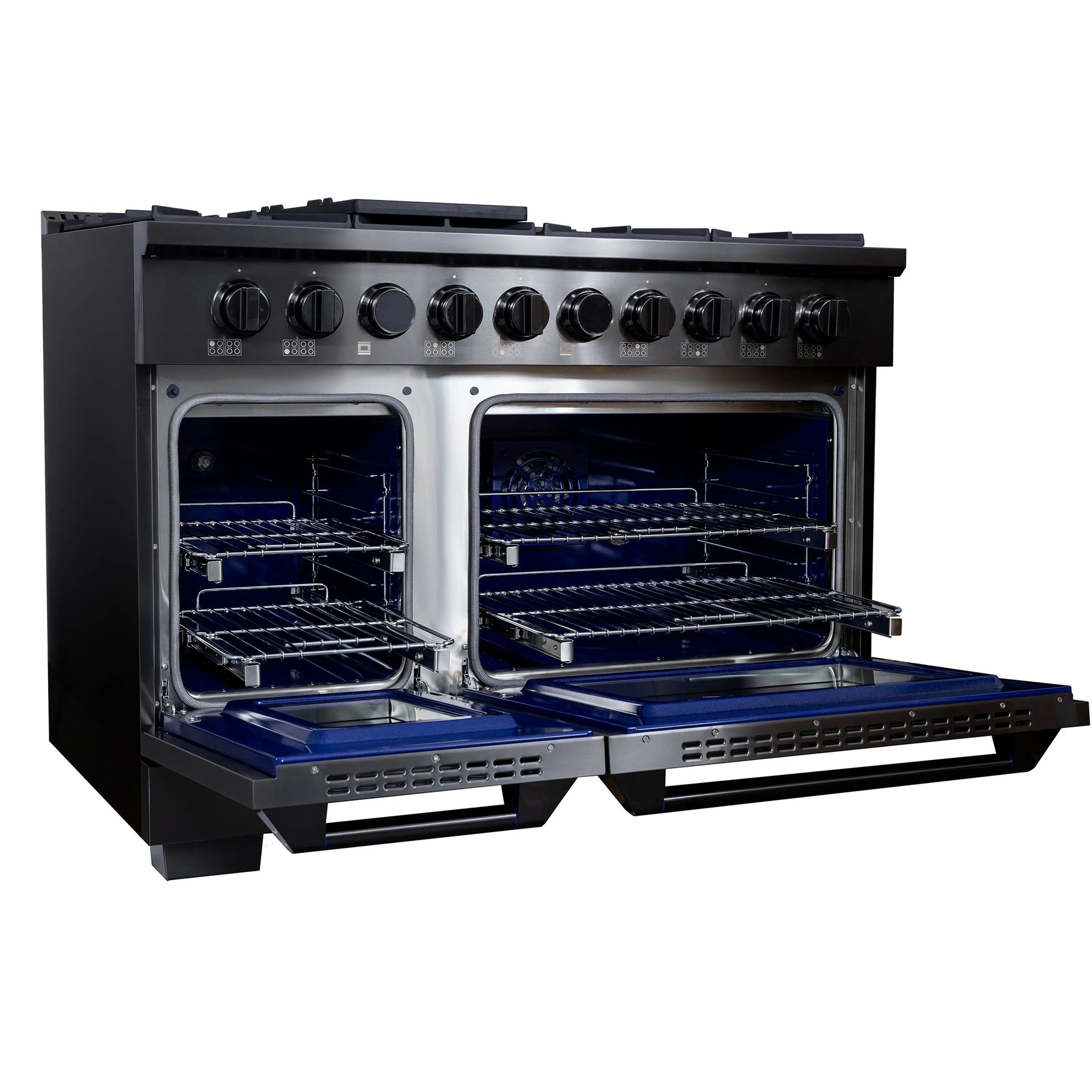 Freestanding dual-fuel range with both oven doors open and wire racks, front control knobs
