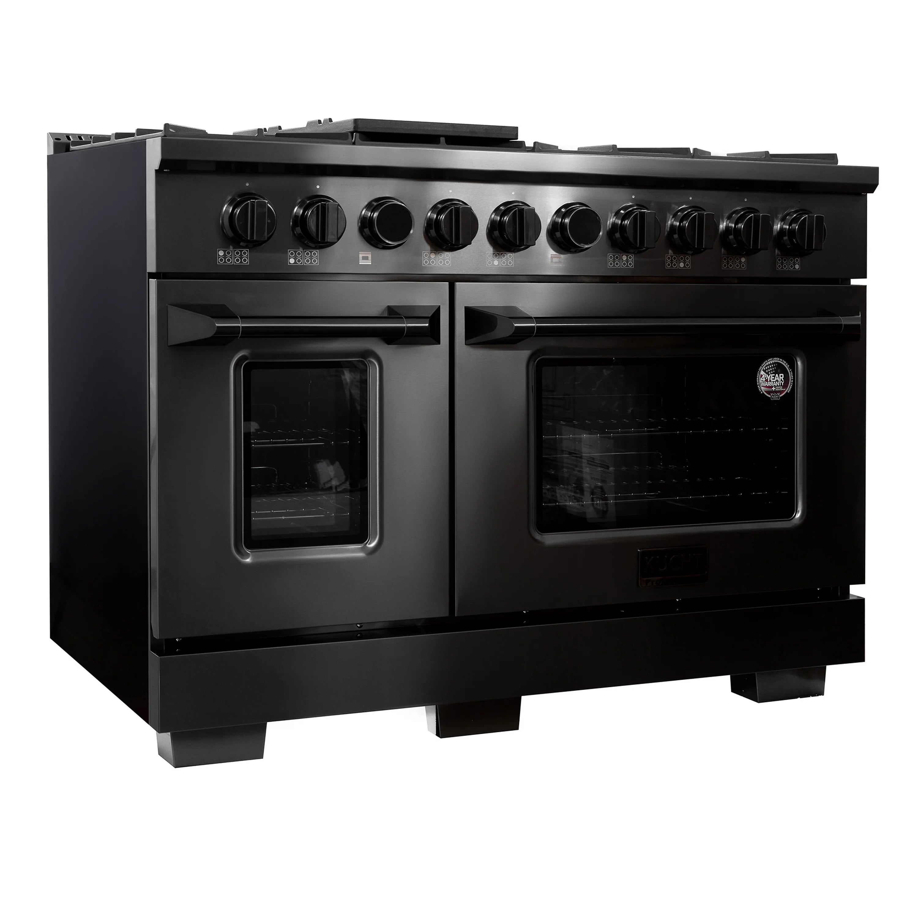 Titanium stainless steel freestanding range angled front with two ovens and control knobs