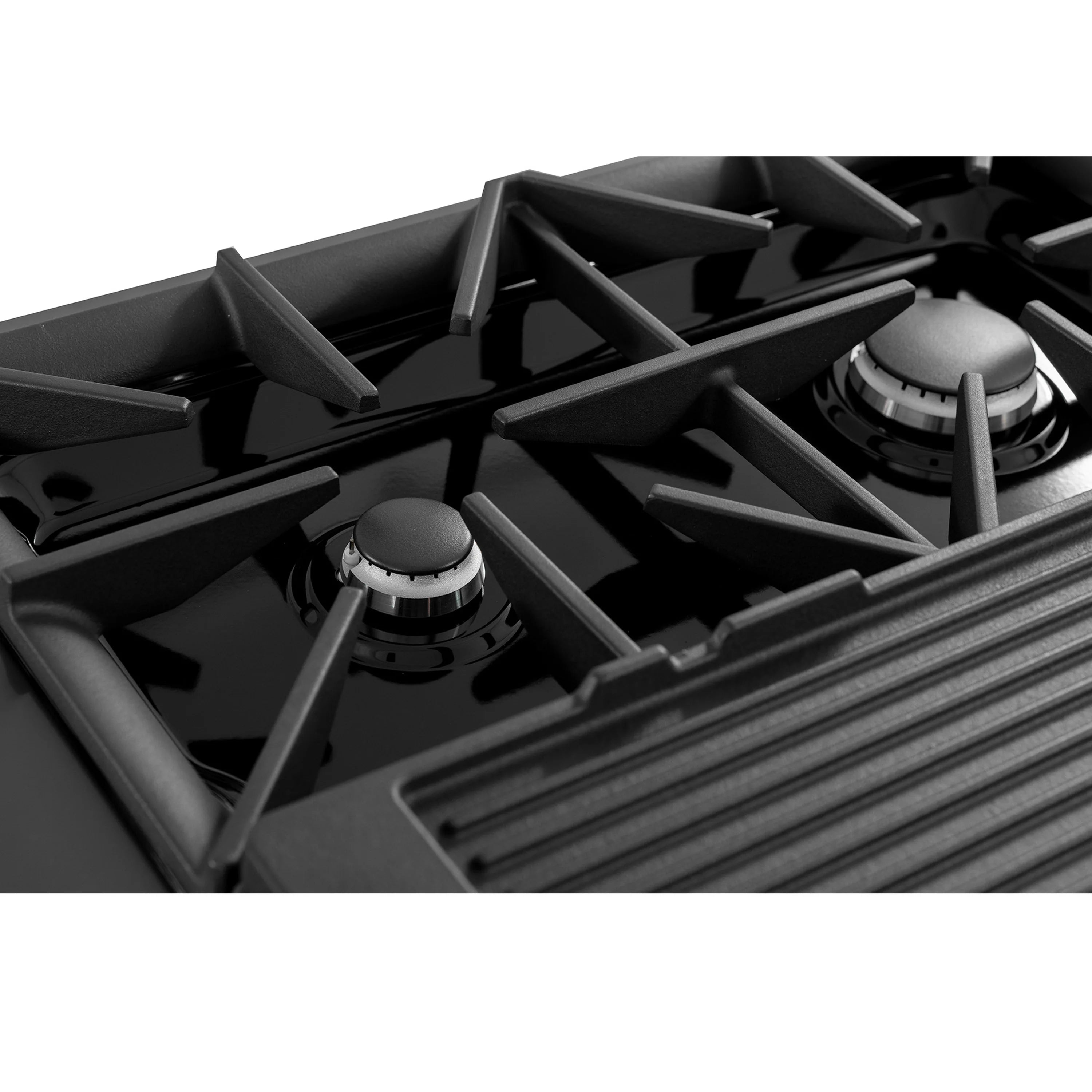 Gas cooktop burner with black cast-iron grates and round burner head