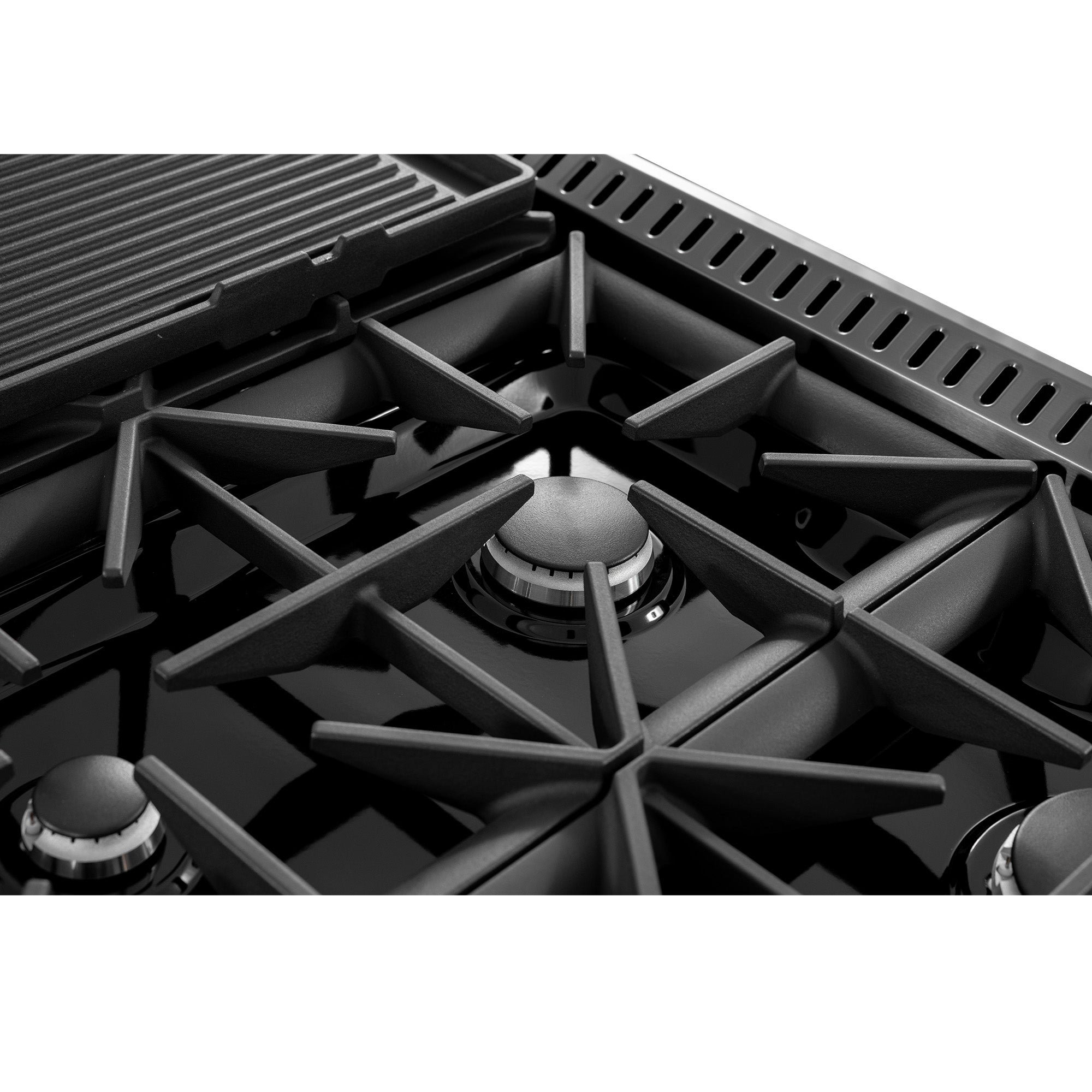 Titanium stainless steel dual-fuel cooktop with burner grates and control knobs