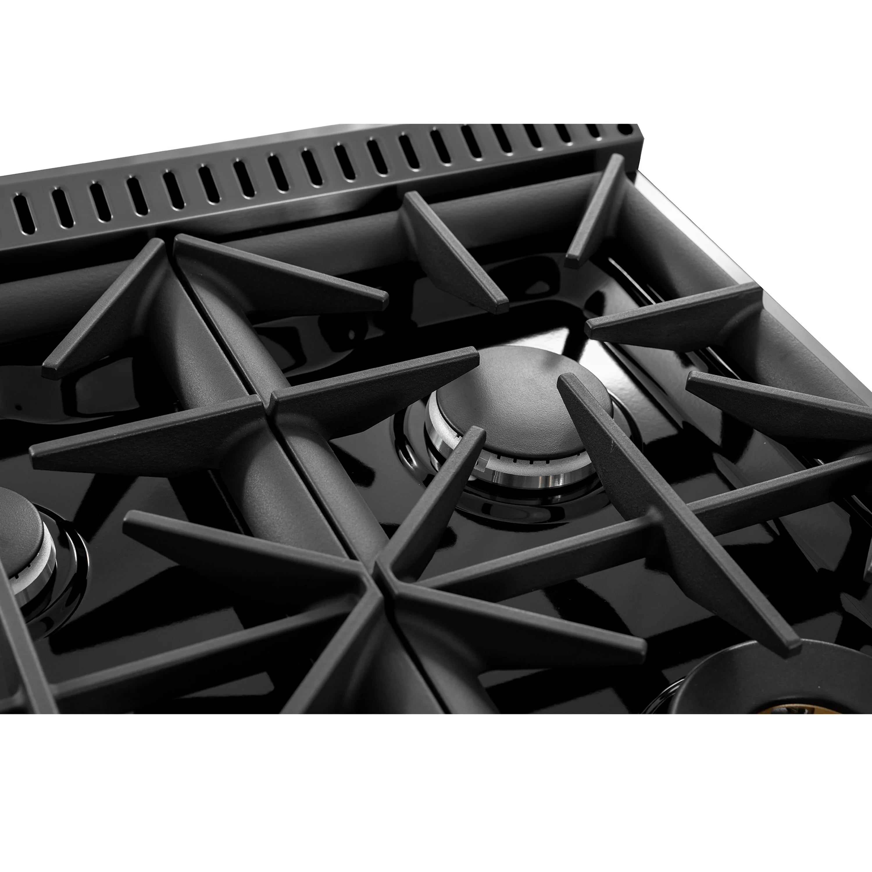 Gas cooktop burner with black cast-iron grate and round burner cap