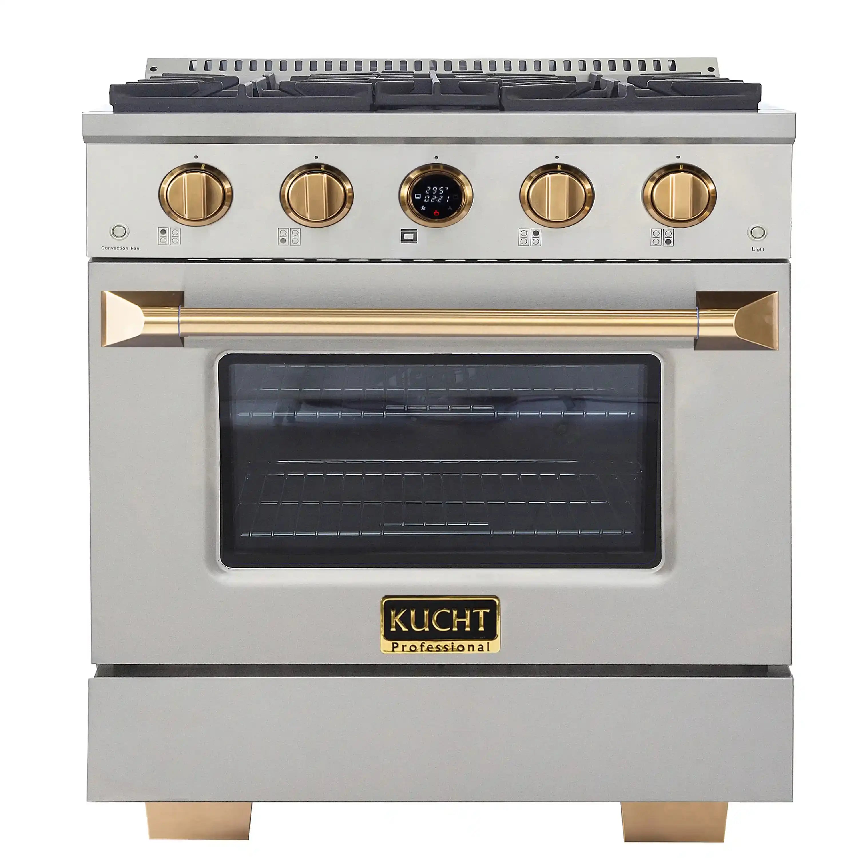 Stainless steel dual fuel range with gold control knobs and digital thermostat