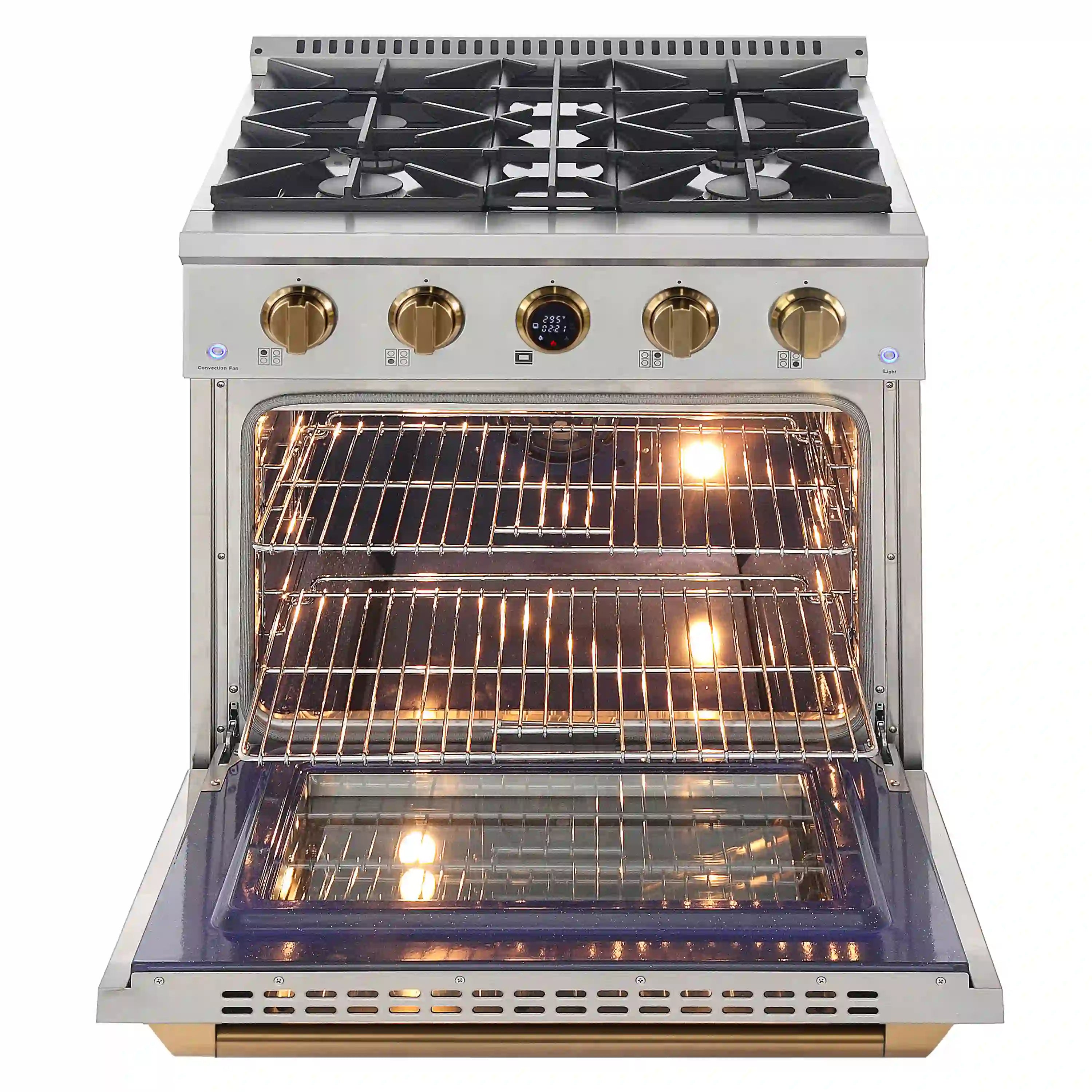 Dual fuel range with open electric oven showing racks and lit interior