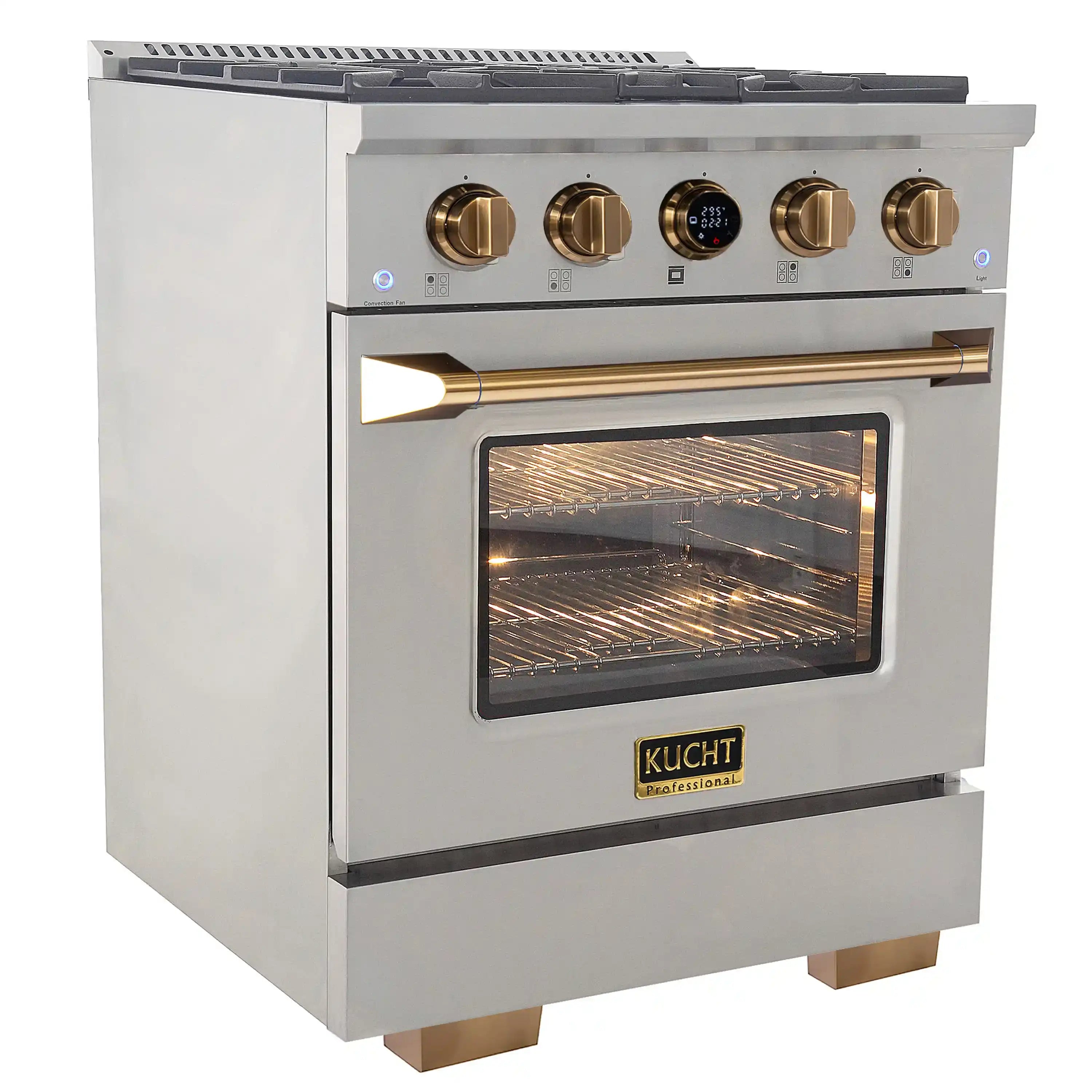 Stainless dual fuel range with gold knobs and illuminated oven window
