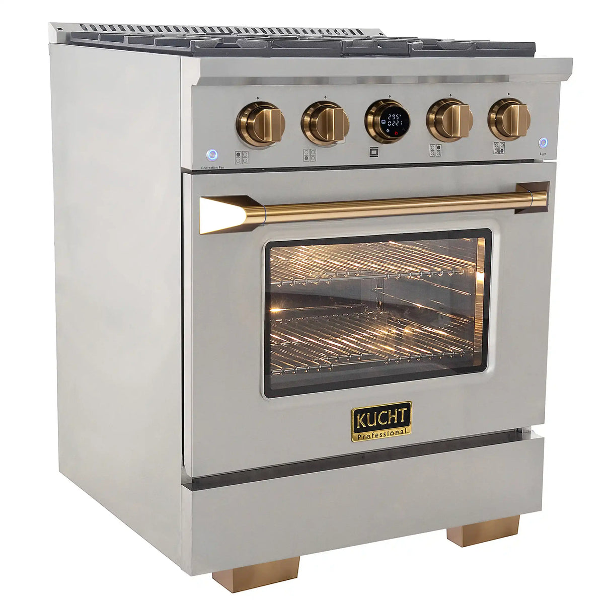 Stainless steel gas range with illuminated oven cavity and gold handle trim