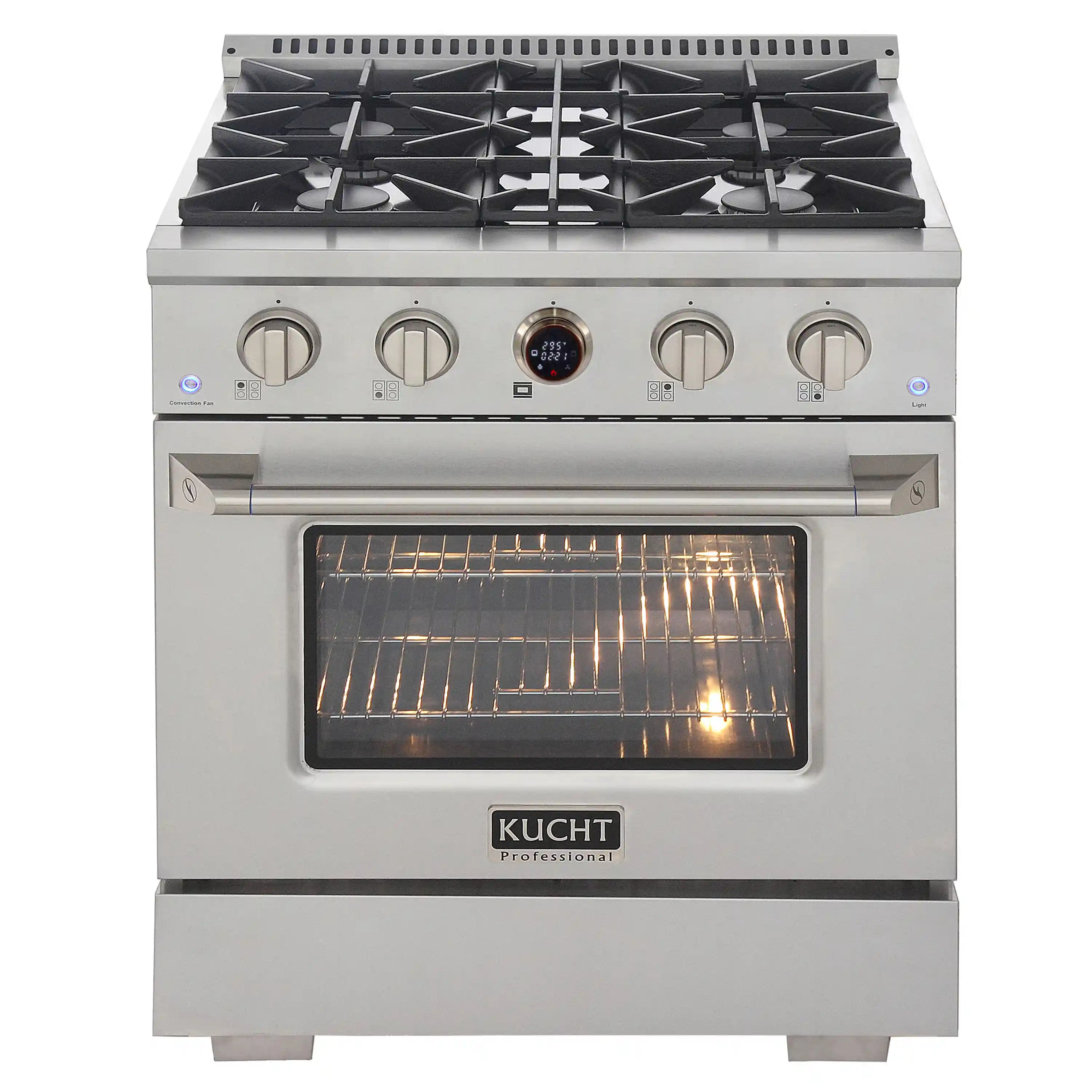 Dual fuel range showing four burners above a lit electric oven with wire racks