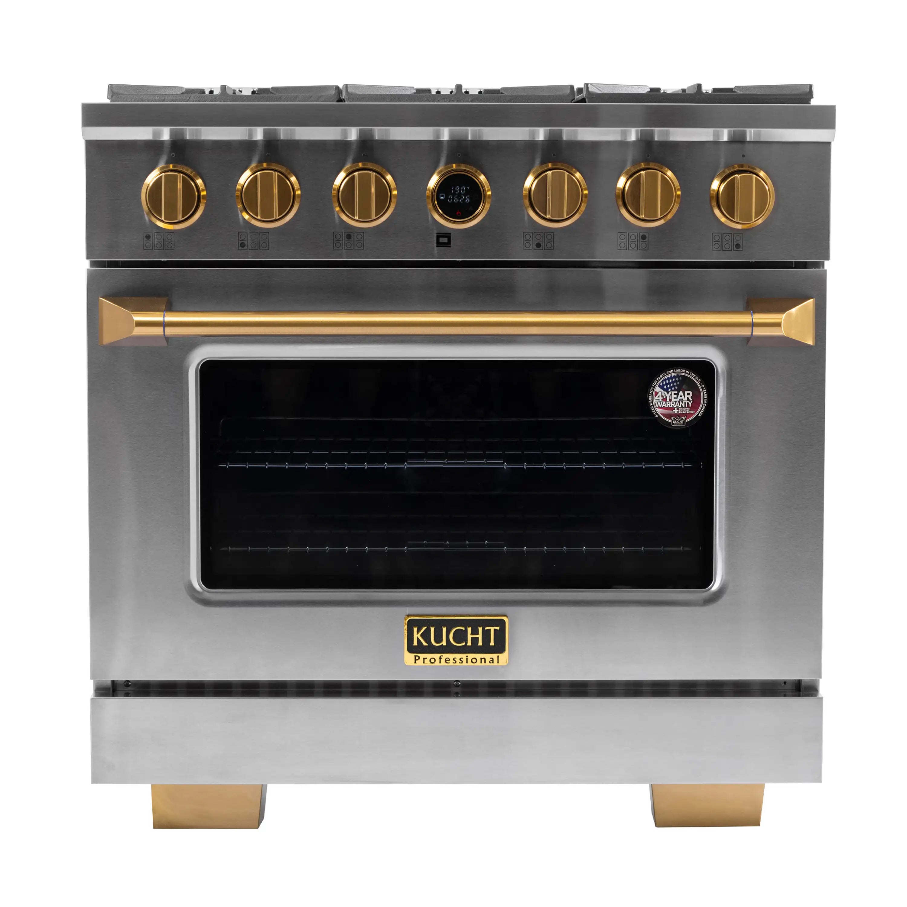 Stainless steel dual fuel range with gold control knobs and oven door