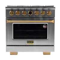 Kucht Horus 36-Inch Dual Fuel Range in Propane Gas with  5.2 cu. ft. Electric Oven & 6 Gas Burners in Stainless Steel with Gold Accents & Digital Thermostat (KXP36-GL/LP)