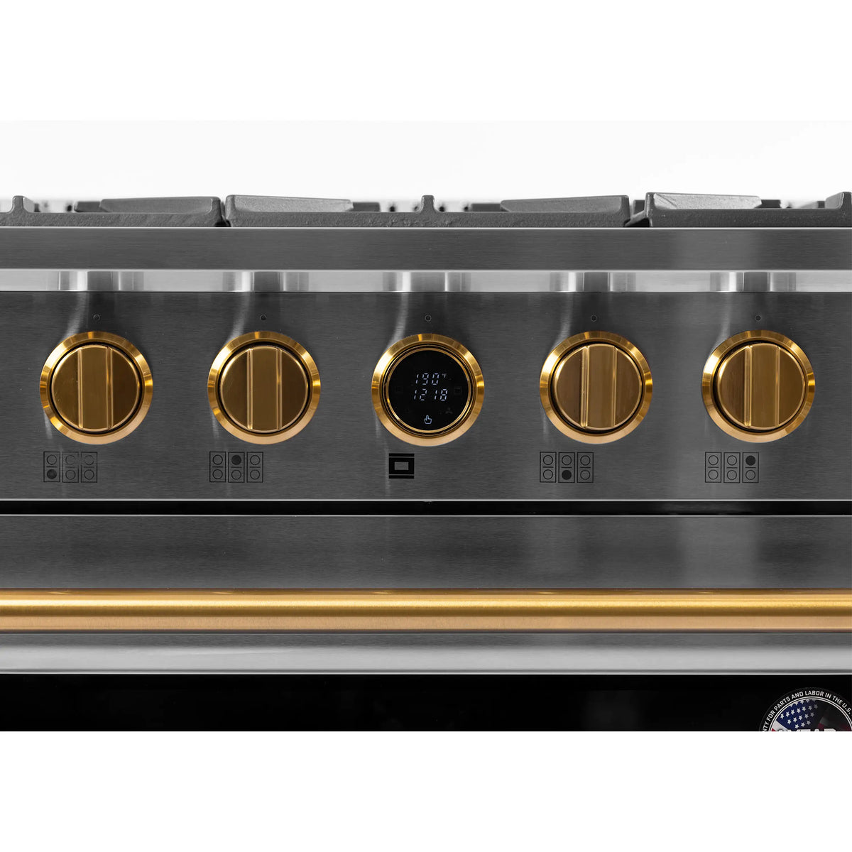 Stainless steel dual fuel range with gold knobs and digital oven display