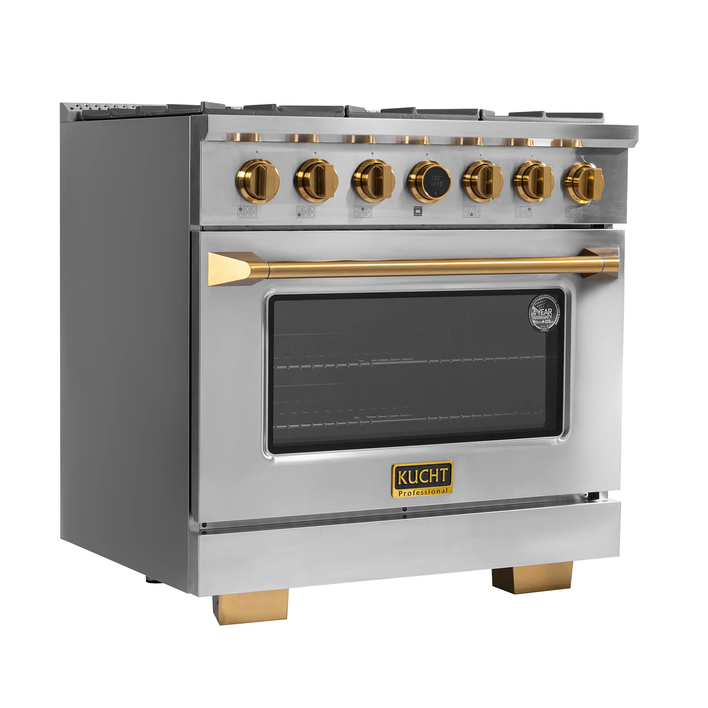 Dual fuel range oven door with glass window, gold handle accents, and KUCHT logo