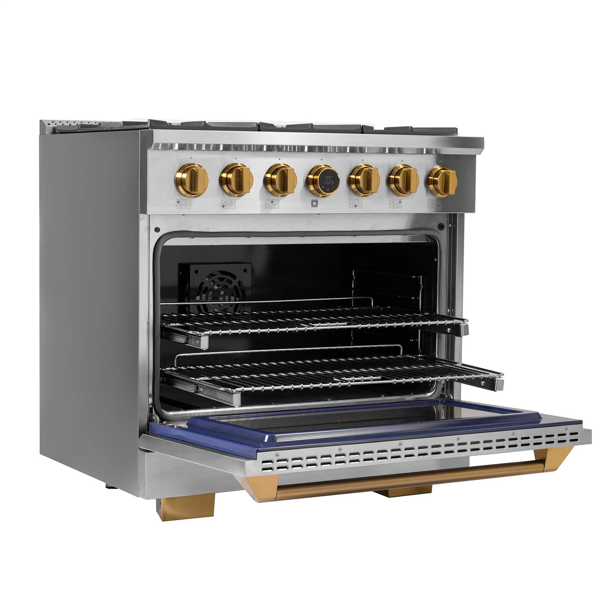 Dual fuel range with open oven, wire racks, and gold-trimmed door handle