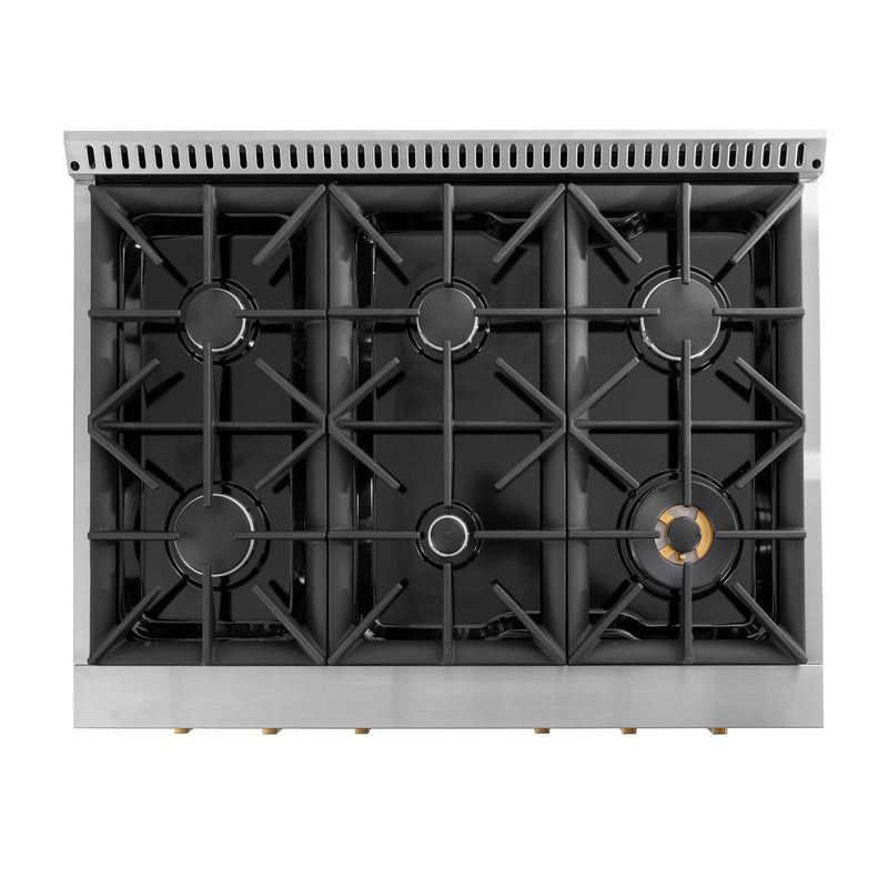 Kucht Horus 36-Inch Dual Fuel Range with 5.2 cu. ft. Electric Oven and 6 Gas Burners in Stainless Steel with Gold Accents and Digital Thermostat (KXP36-GL)