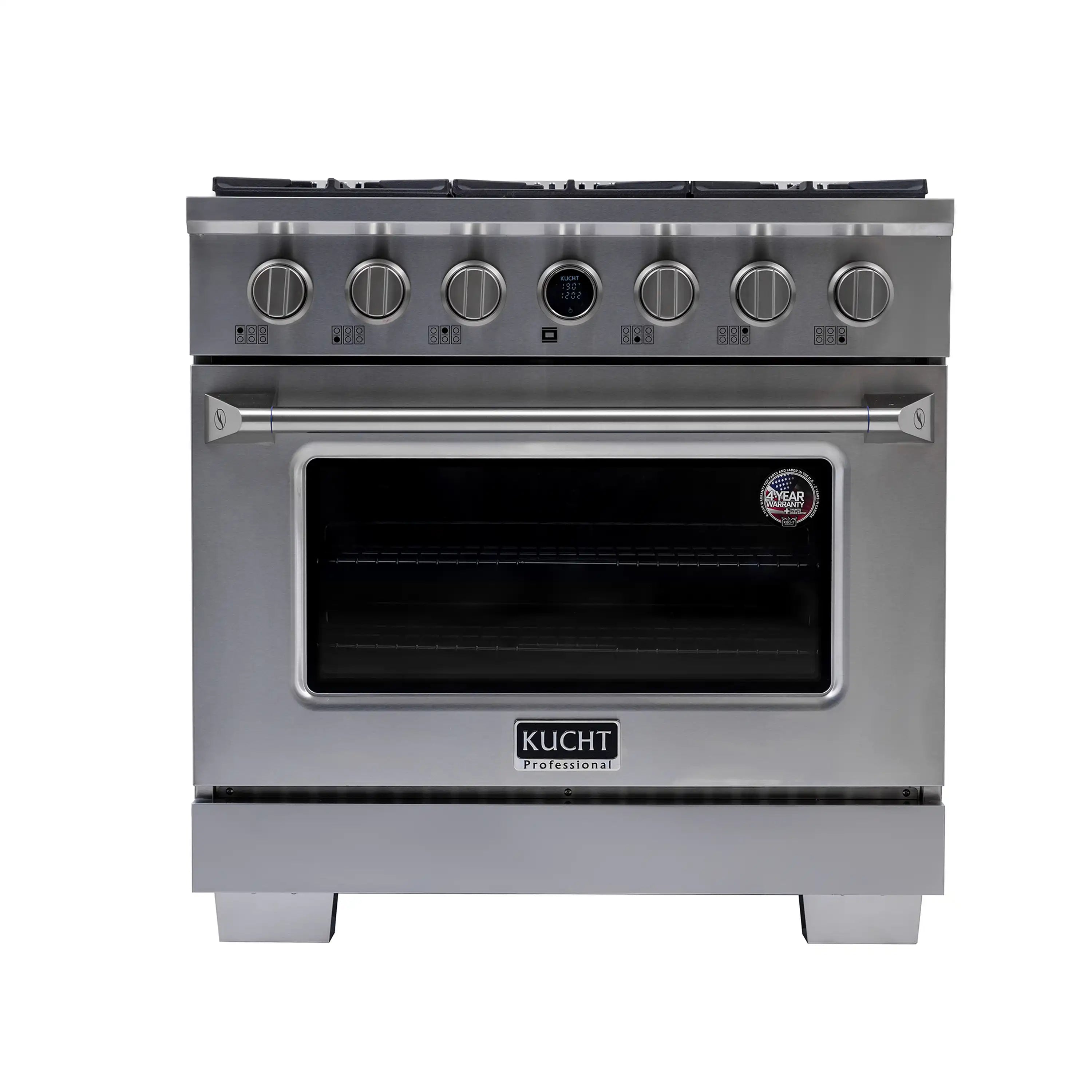 Stainless steel dual fuel range with closed oven door and front control knobs