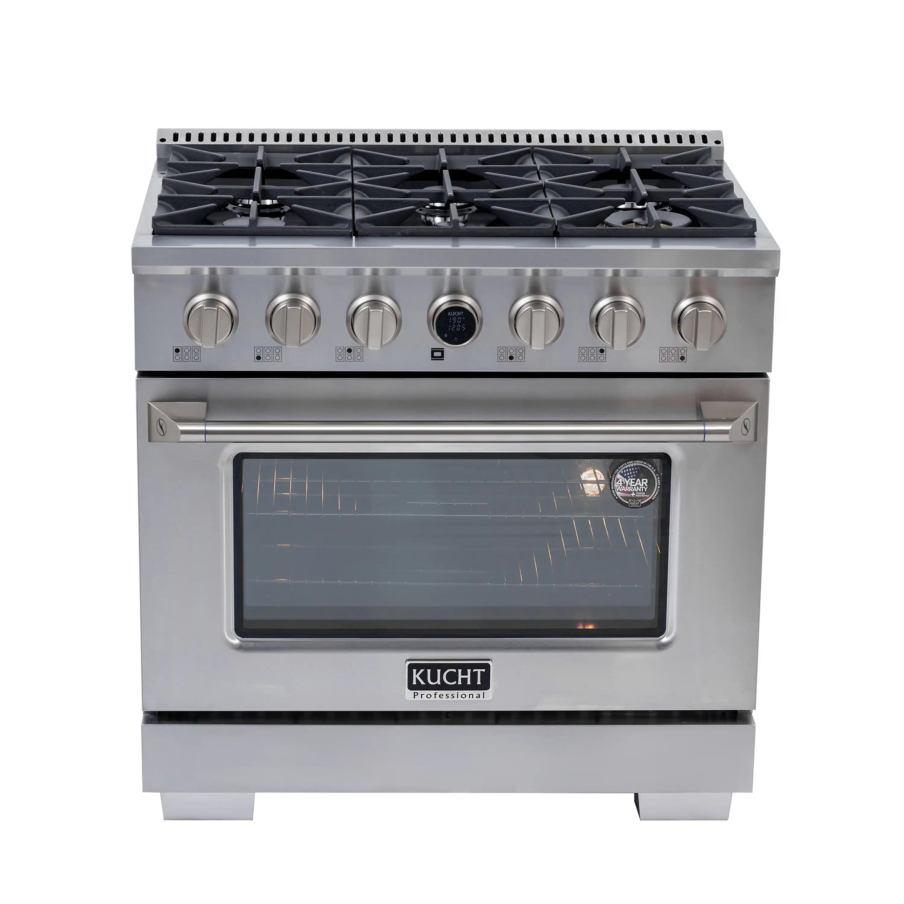 Stainless steel dual fuel range with open cooktop and glass oven window