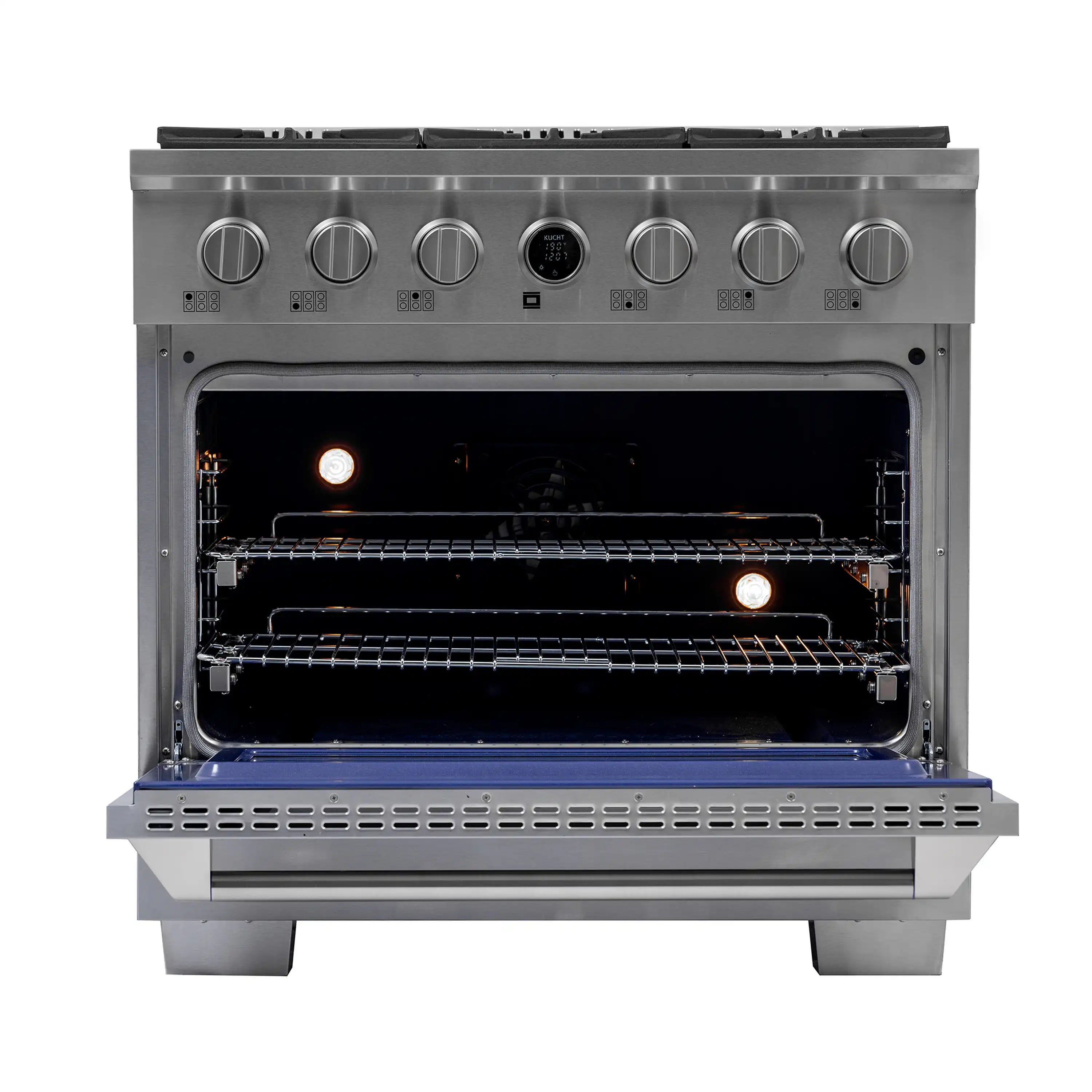 Stainless steel dual fuel range with open electric oven and control knobs