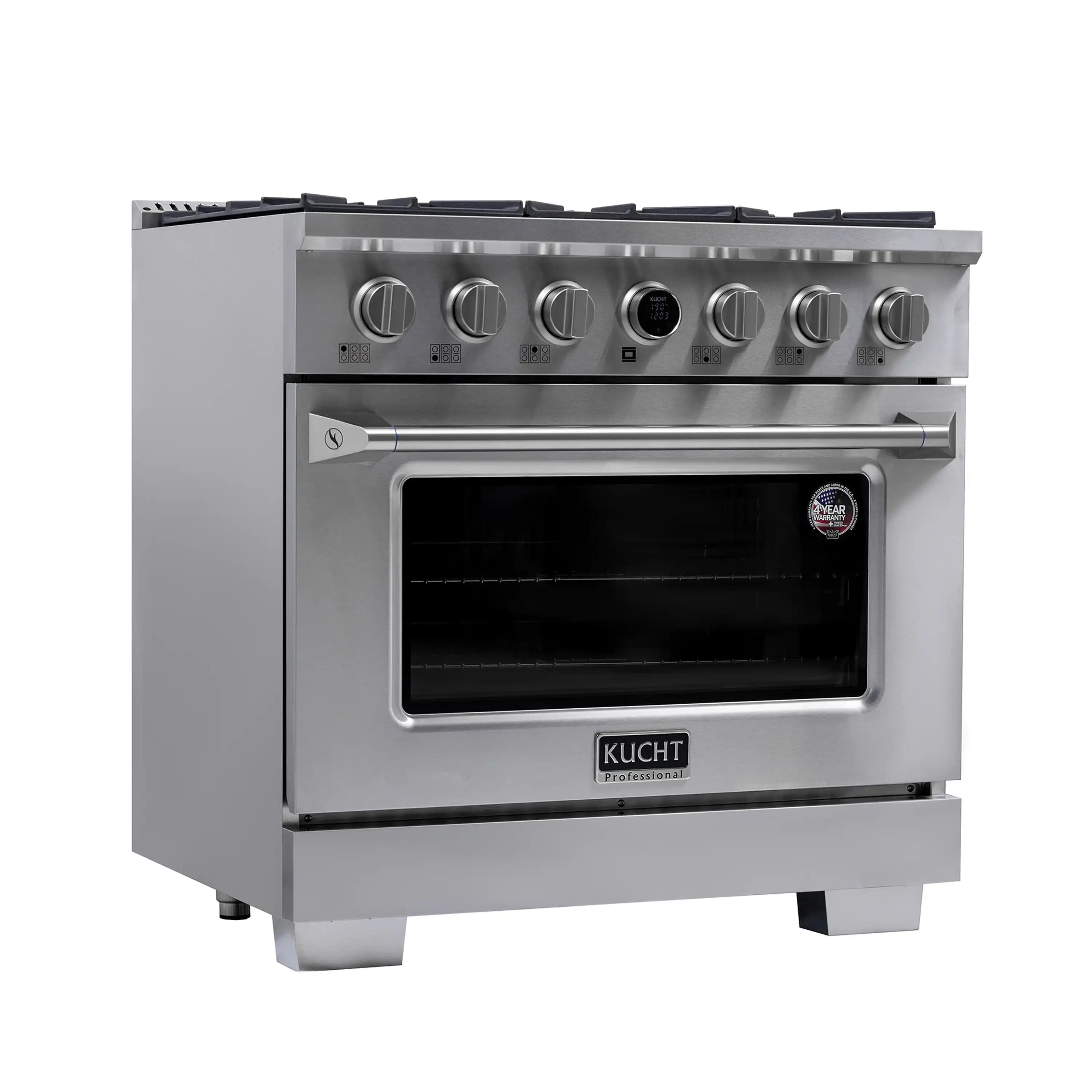 Stainless steel dual fuel range with glass oven door and six gas burner controls