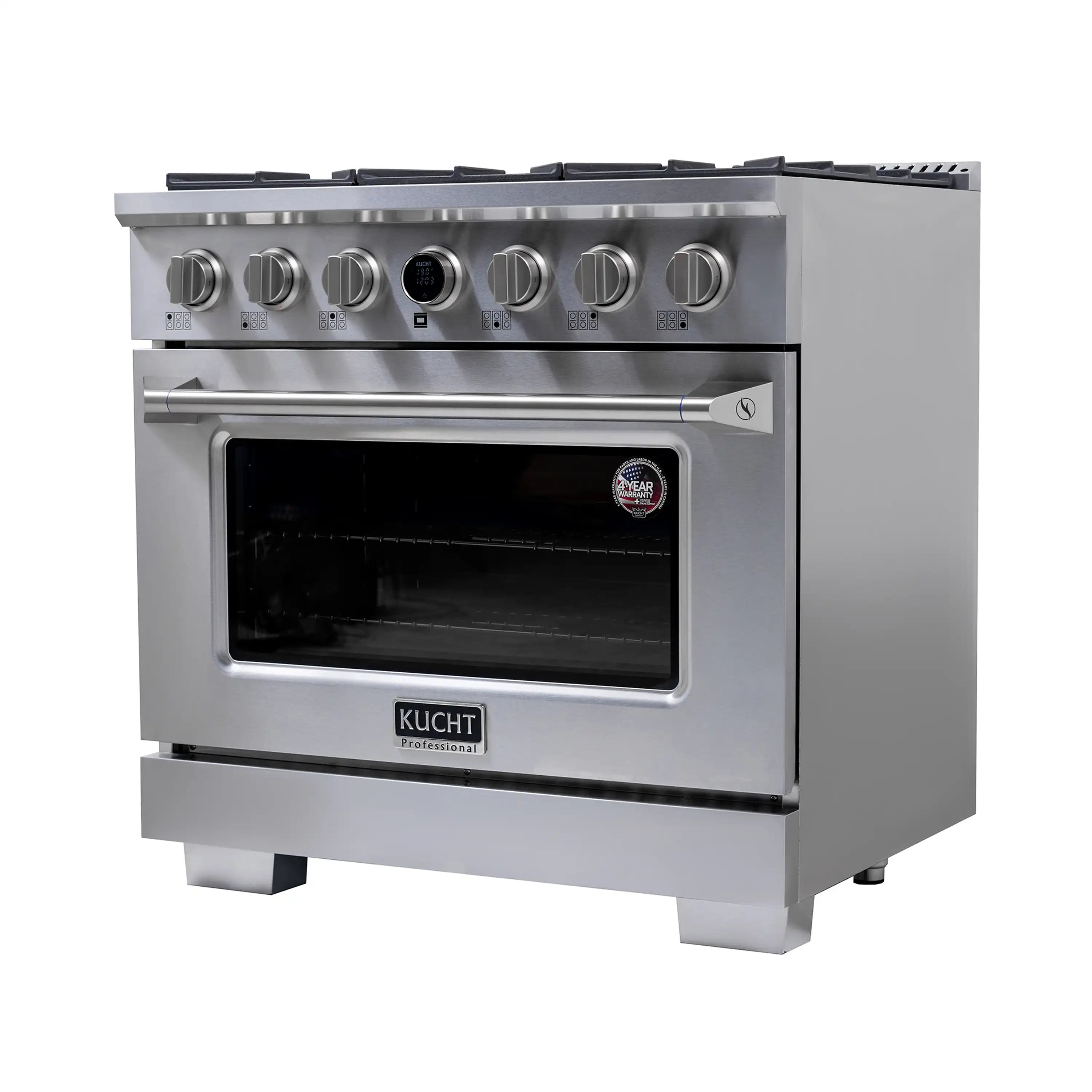 Stainless steel dual fuel range front with oven door window and six knob controls