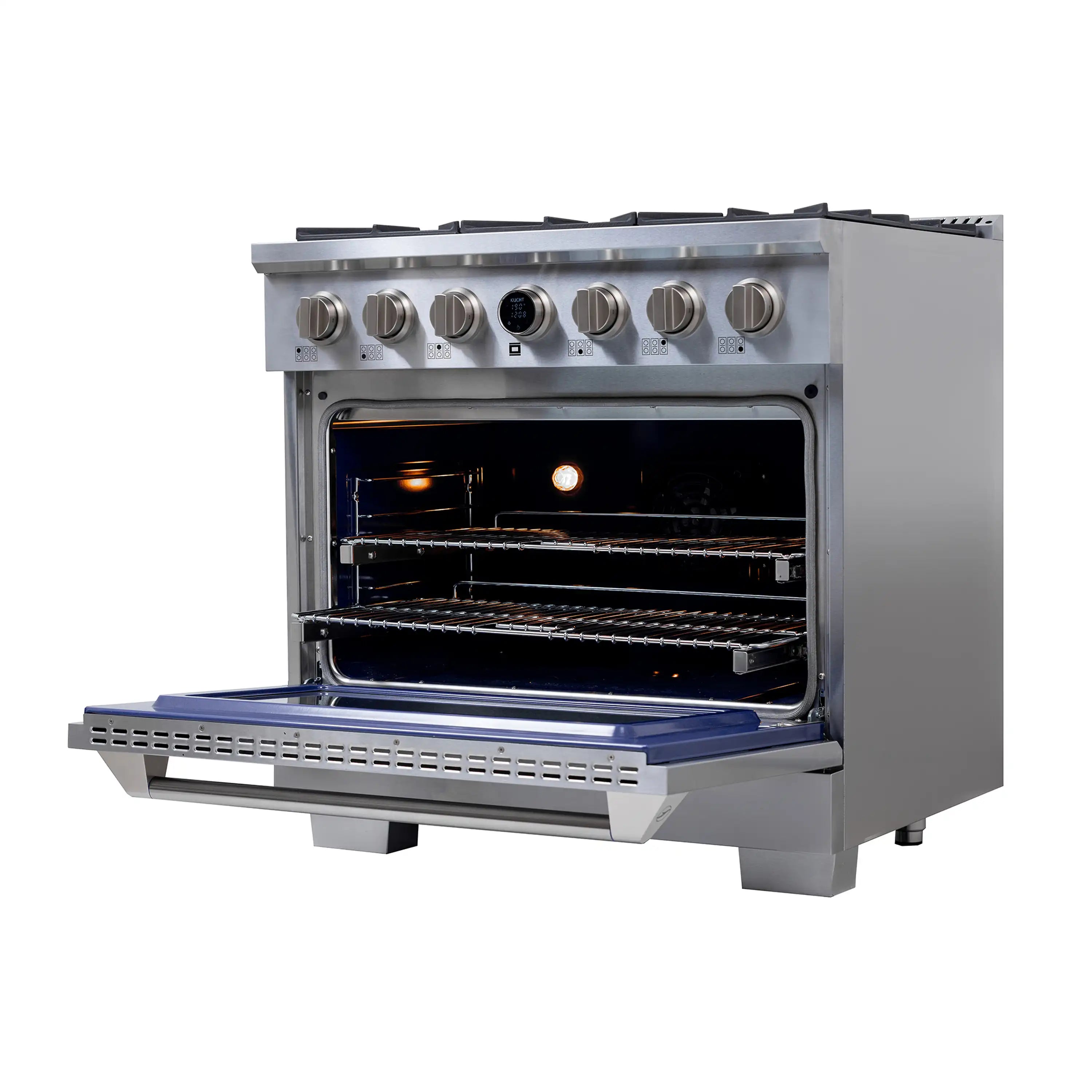 Stainless steel dual fuel range with oven door open and cooking racks inside