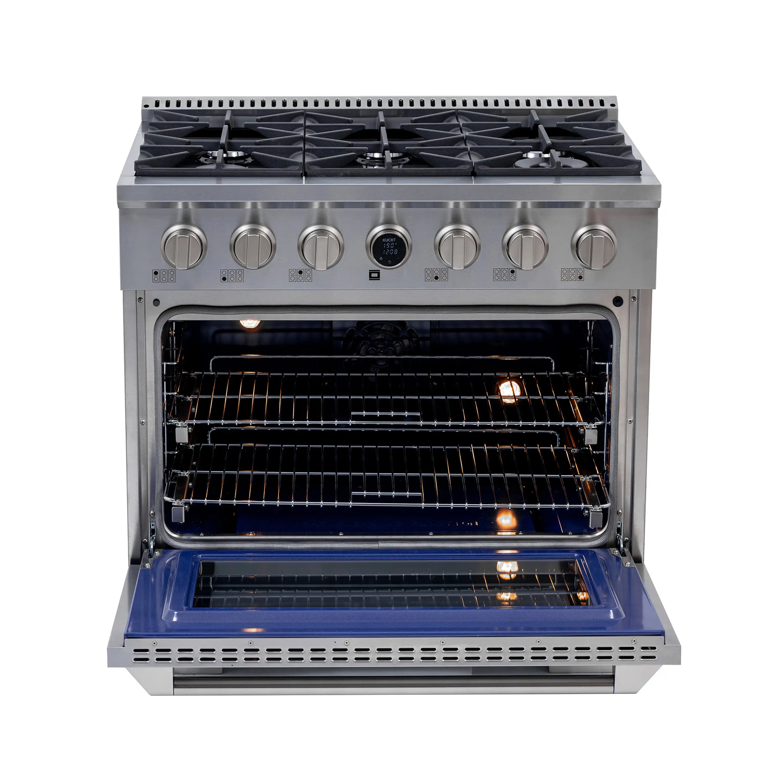 Dual fuel range oven interior with wire racks and warm interior lighting