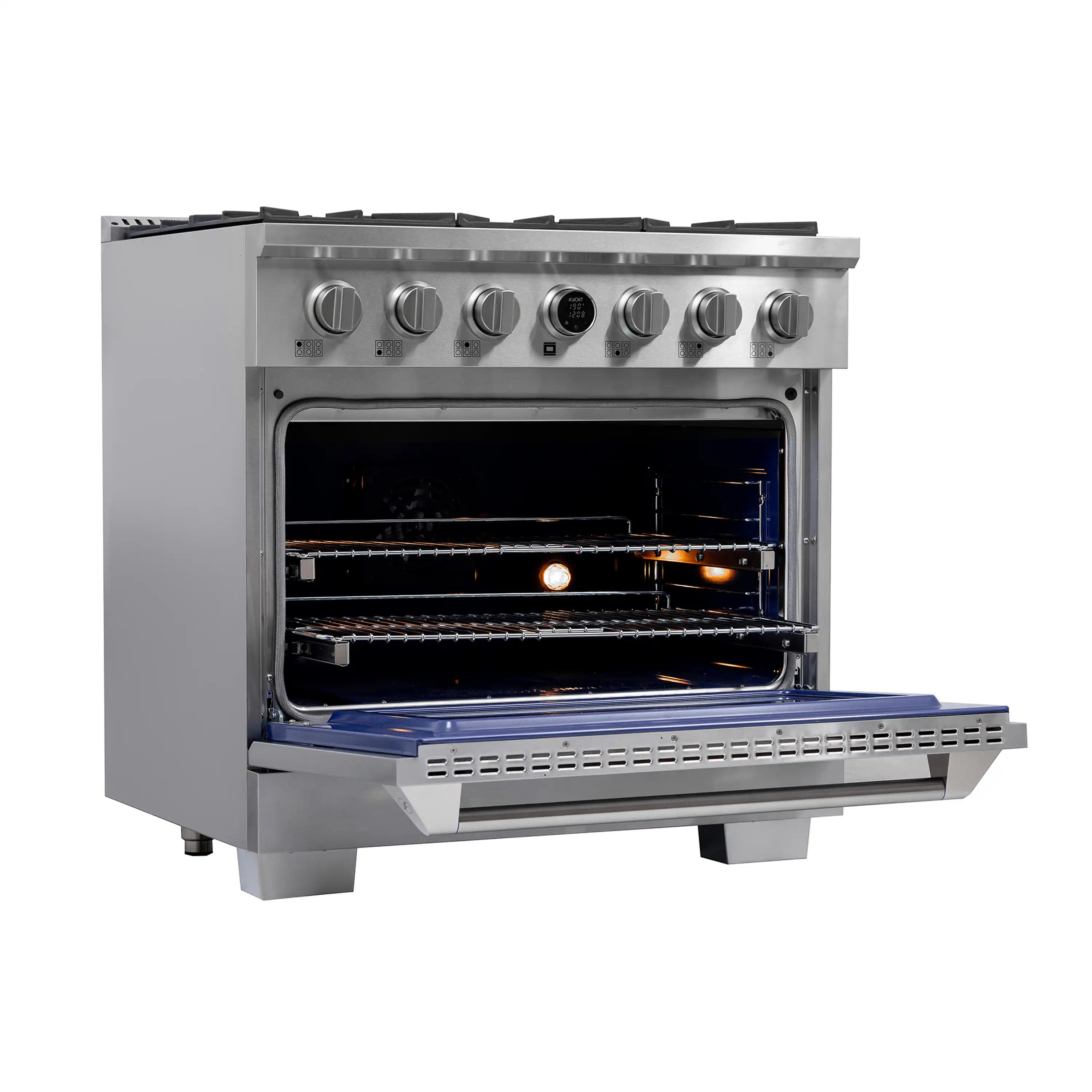 Stainless steel dual fuel range with open oven door showing bake racks